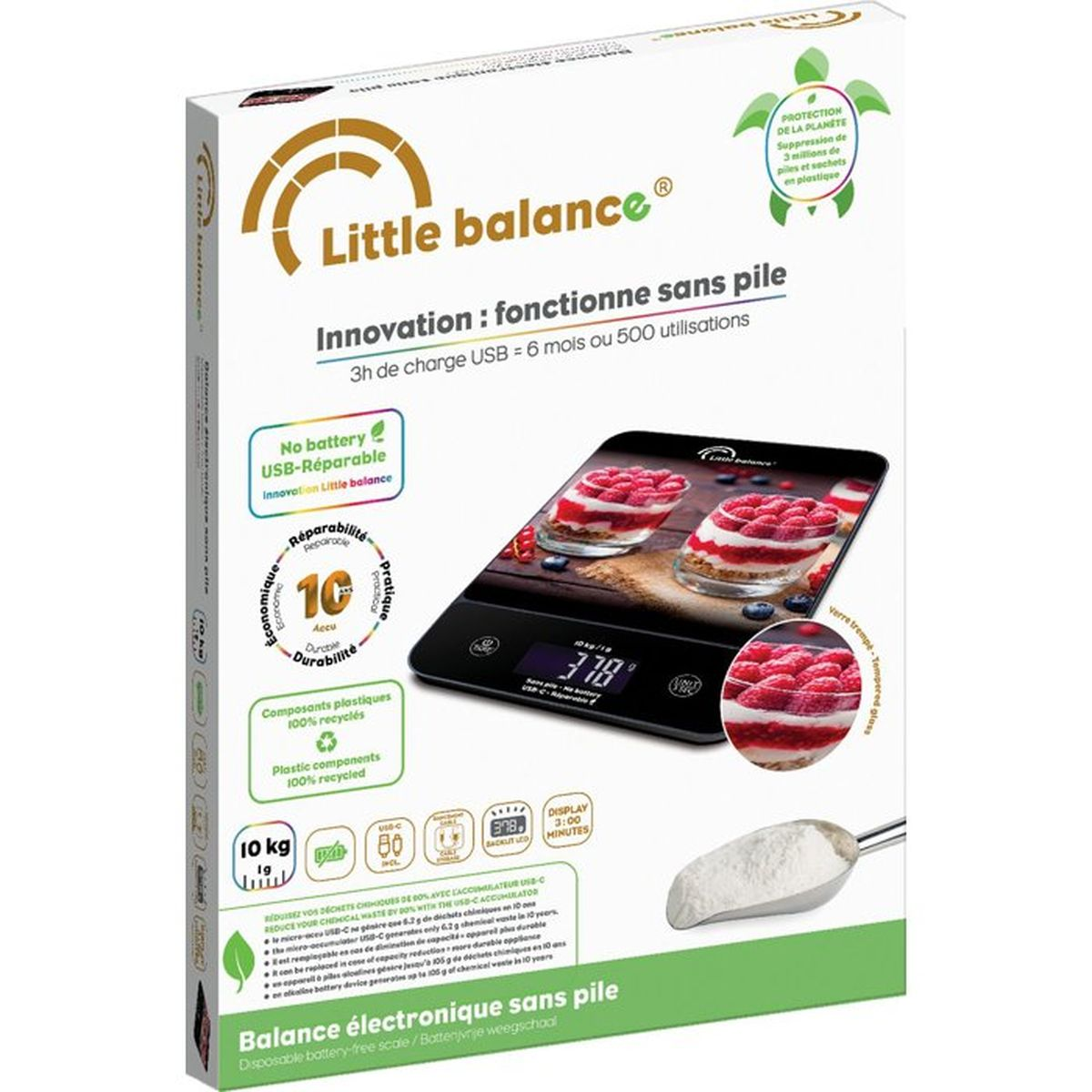 Weisse Produktverpackung für eine batterielose digitale Küchenwaage mit Text und Logos.