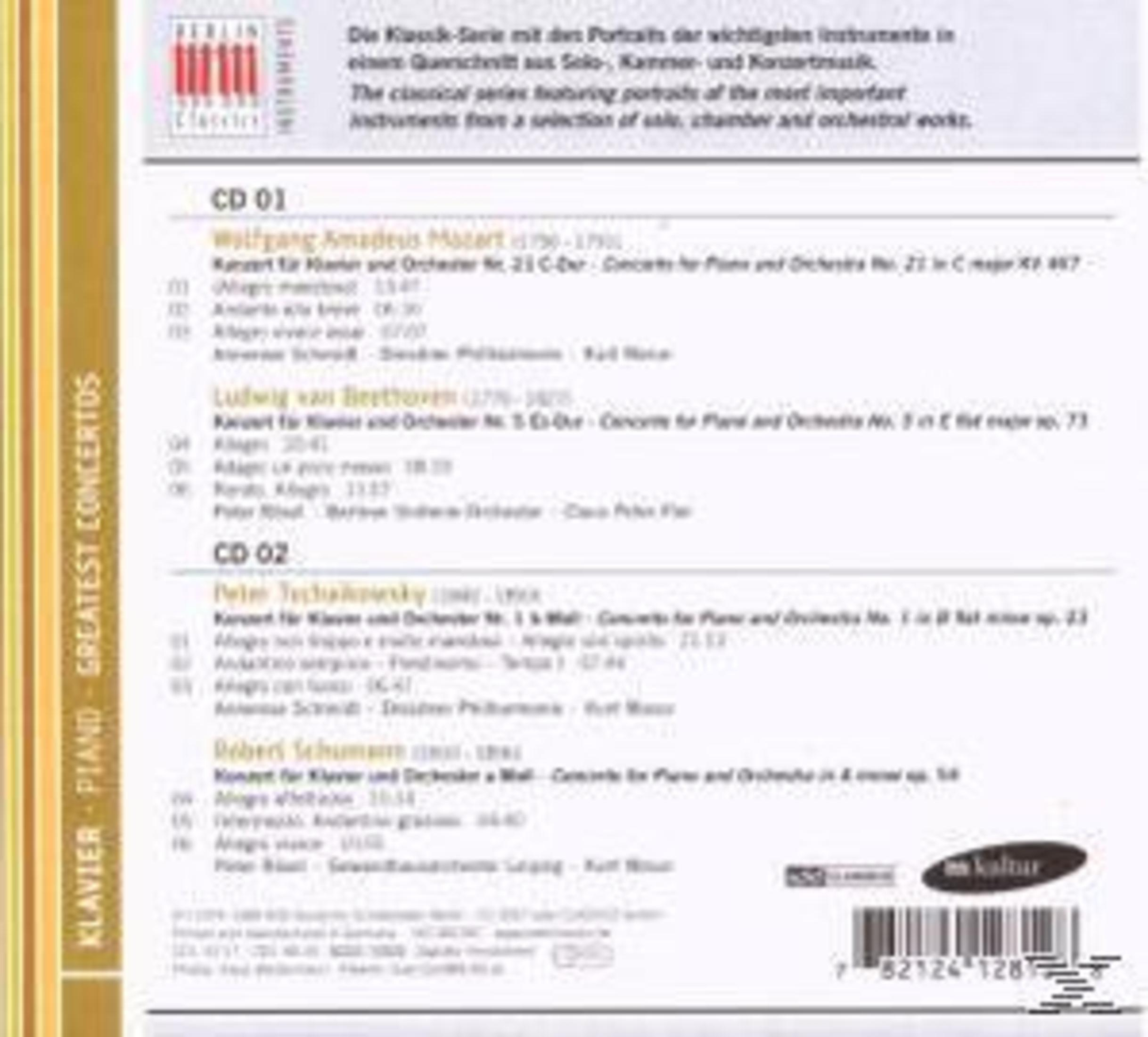 Rückseite einer CD-Hülle mit klassischer Klavierkonzert-Trackliste, Text und Barcode.