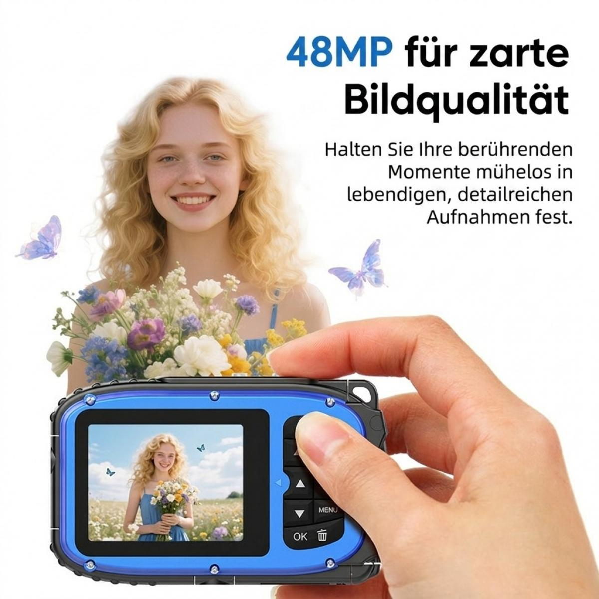 Eine Hand hält eine blaue Digitalkamera, die eine blondes Mädchen mit Blumen und Schmetterlingen zeigt.