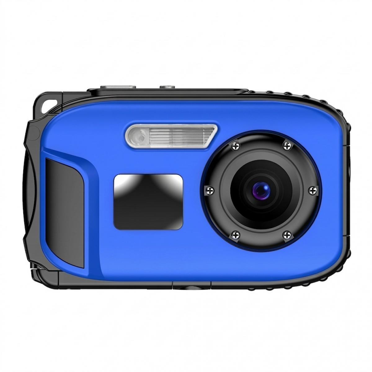 Eine blau-schwarze Unterwasserkamera mit grossem Objektiv, kleinem Frontdisplay und Blitz auf weissem Hintergrund.