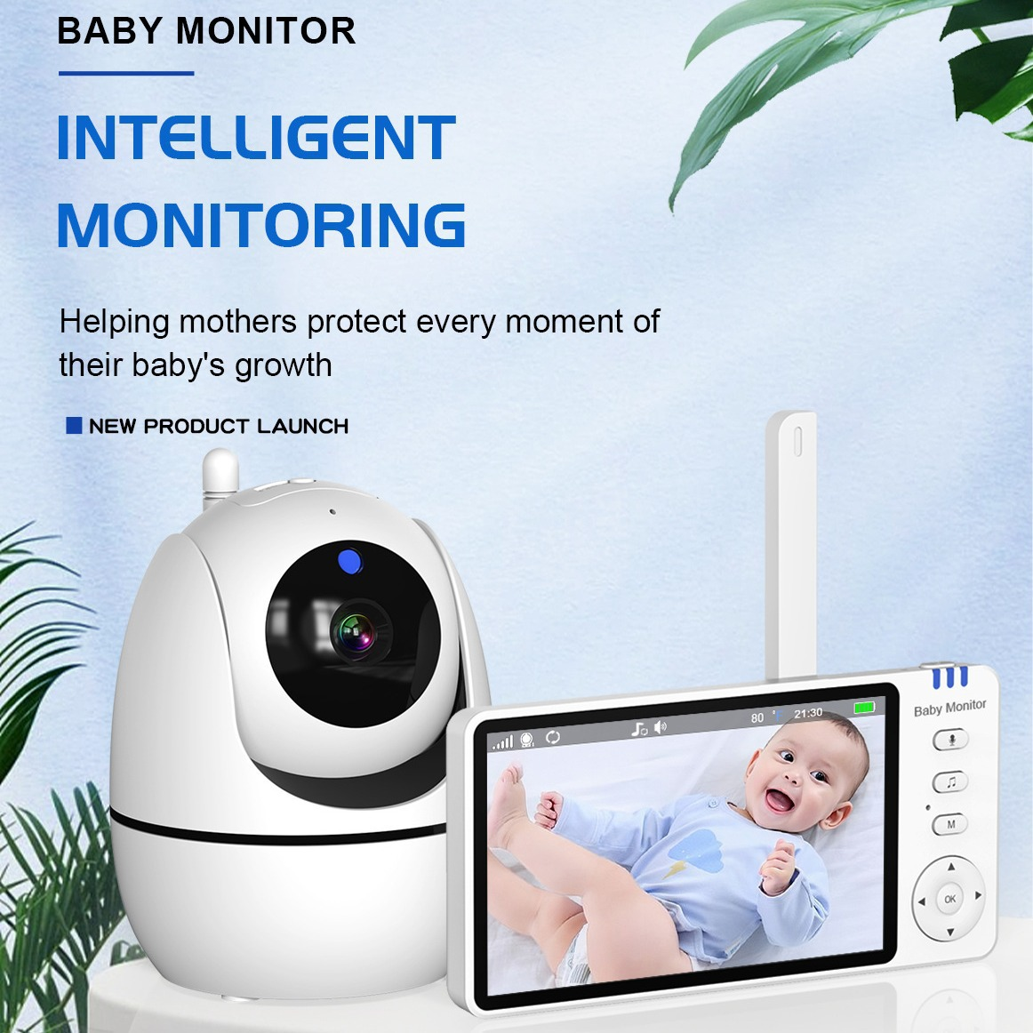 Ein weißes Babyfon mit Kamera und Monitor zeigt ein lächelndes Baby auf dem Bildschirm.