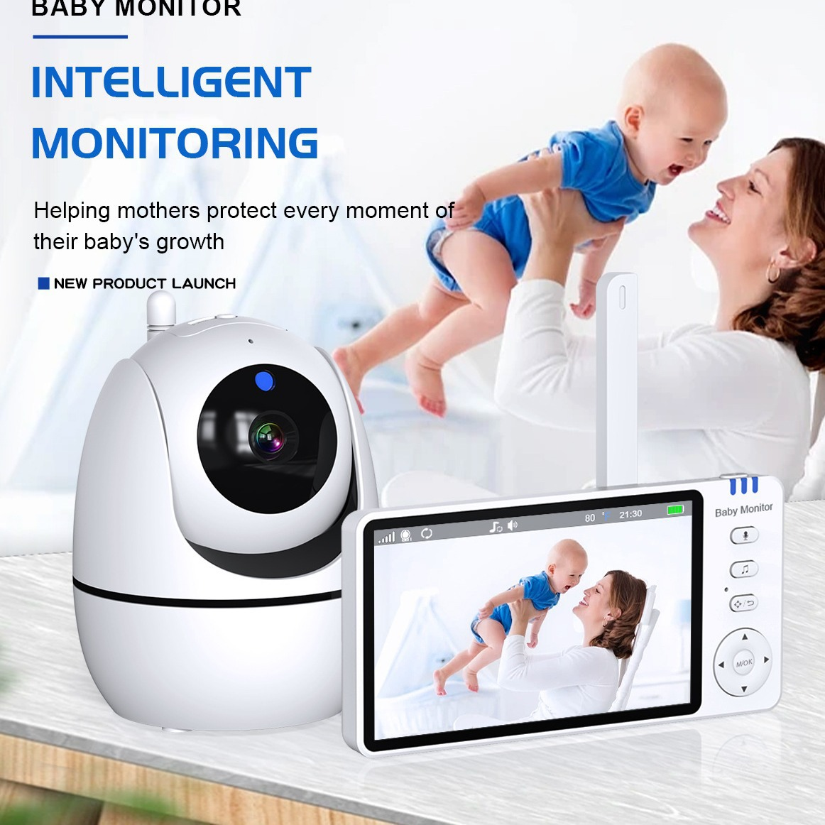 Eine weiße Babyphone-Kamera und ein Display mit einer Mutter und ihrem Baby, dieselbe Szene im Hintergrund.