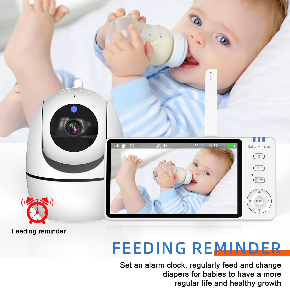 Ein Babykamera-Set mit Monitor zeigt ein Baby, das eine Flasche hält, mit integrierter Fütterungserinnerung.