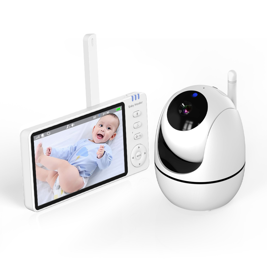 Weißes Video-Babyfon mit einem Bildschirm, der ein lächelndes Baby zeigt, und einer passenden Kamera.