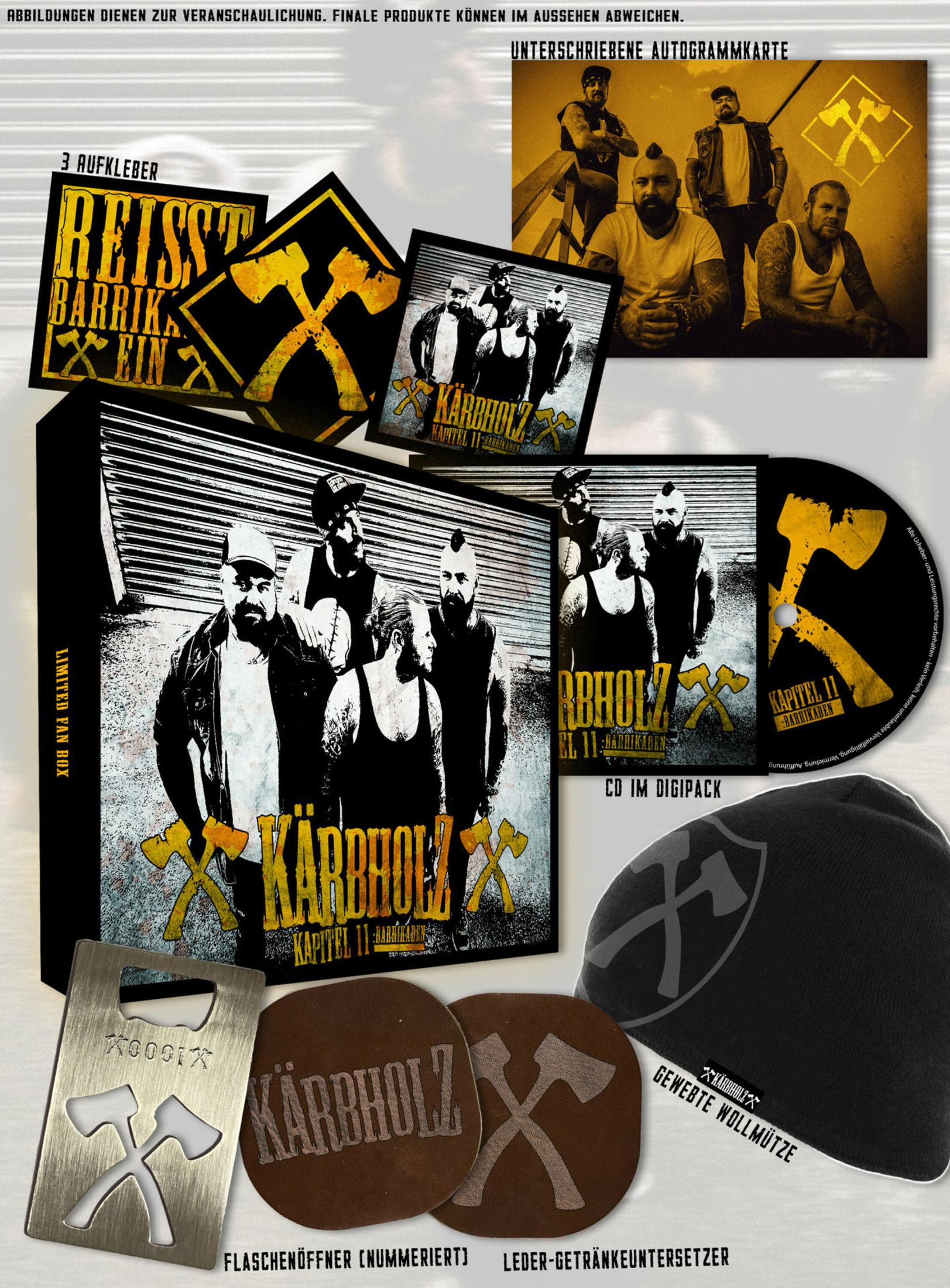 Fan-Box-Inhalt mit Box, CD, Autogrammkarte, Mütze, Untersetzern, Flaschenöffner und Stickern.