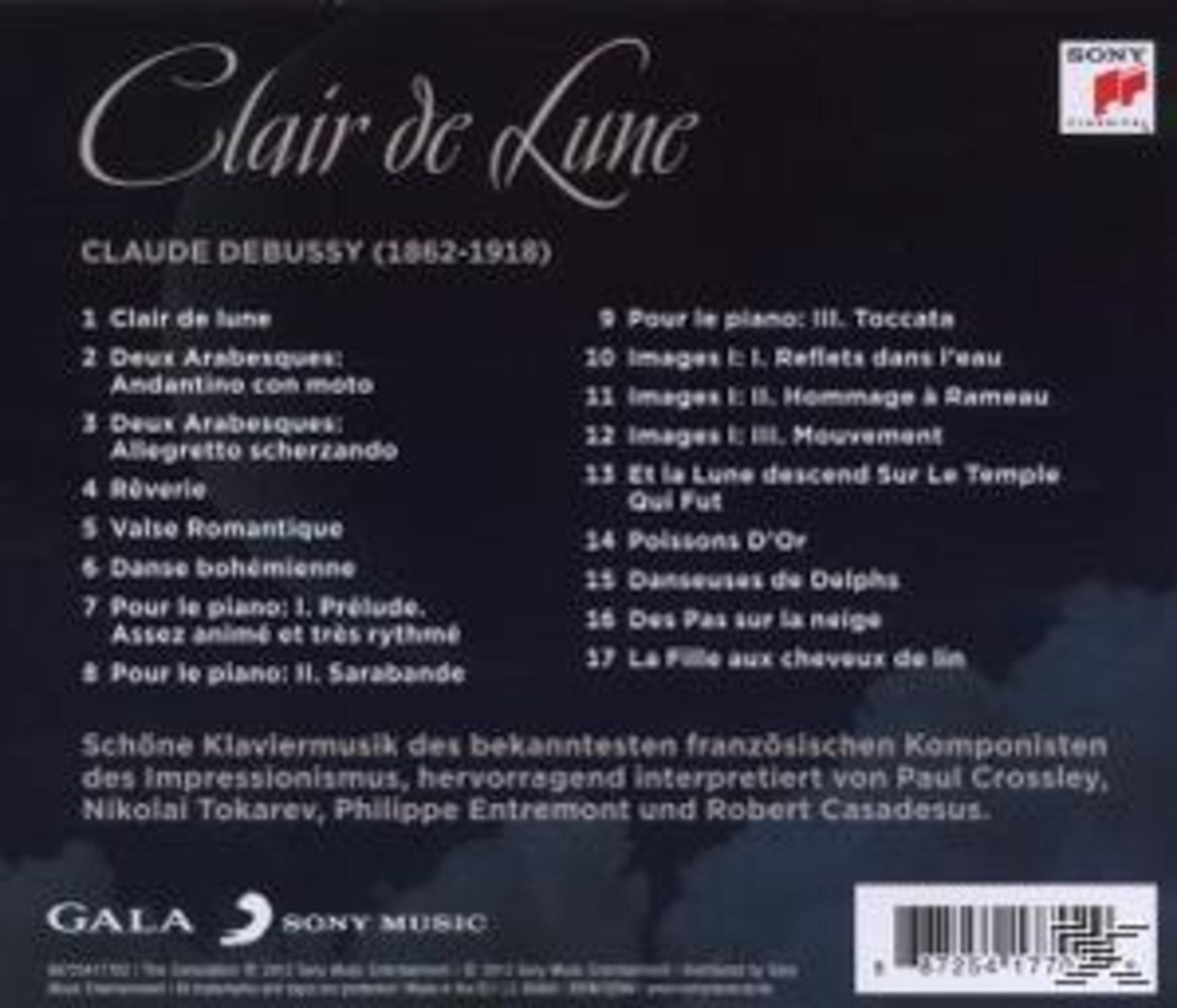 Rückseite einer Musik-CD von Claude Debussy mit Trackliste, Beschreibung und Sony-Classical-Logo.