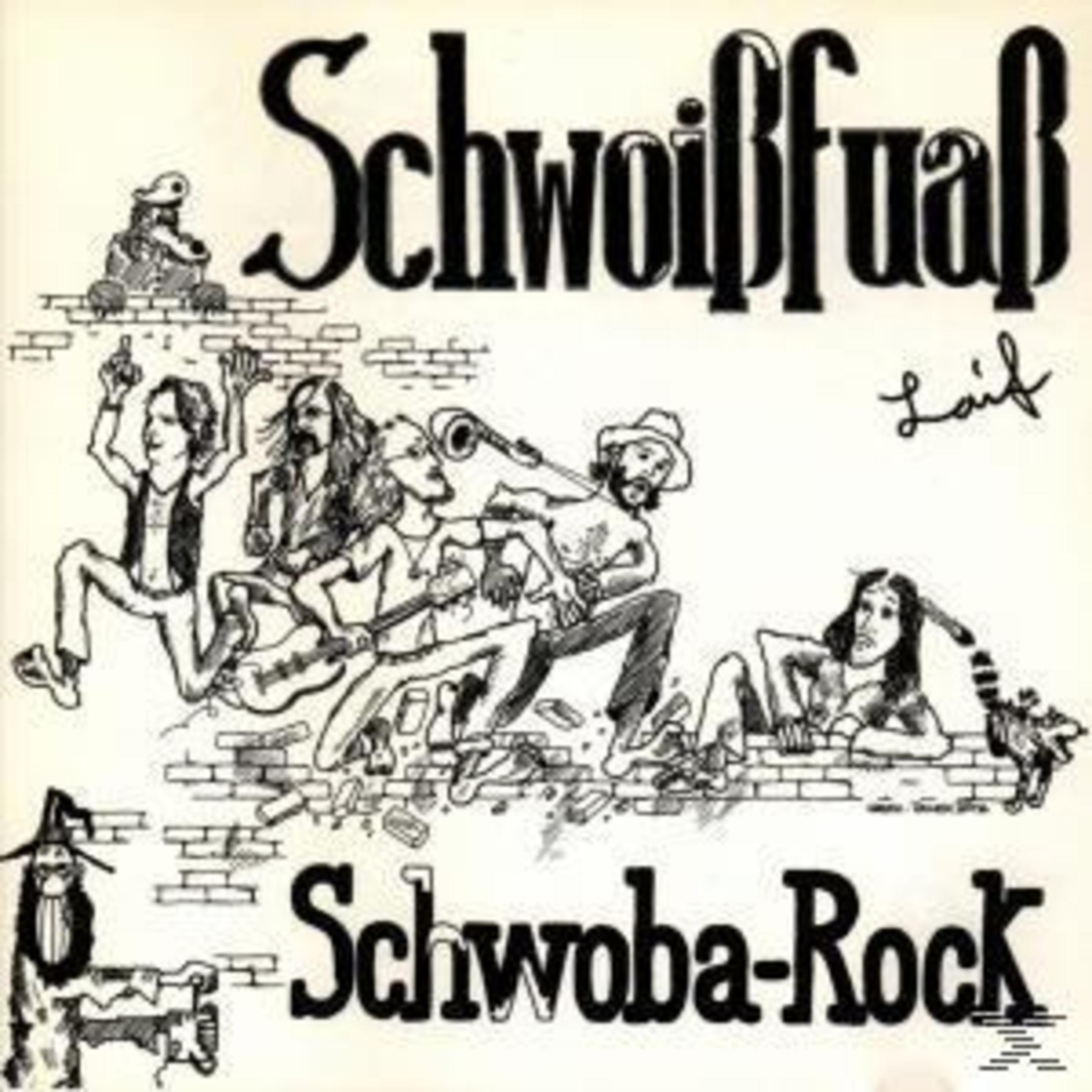 Schwarz-weiße Karikatur einer Band mit dem Titel Schwoißfuaf und Schwoba-Rock.