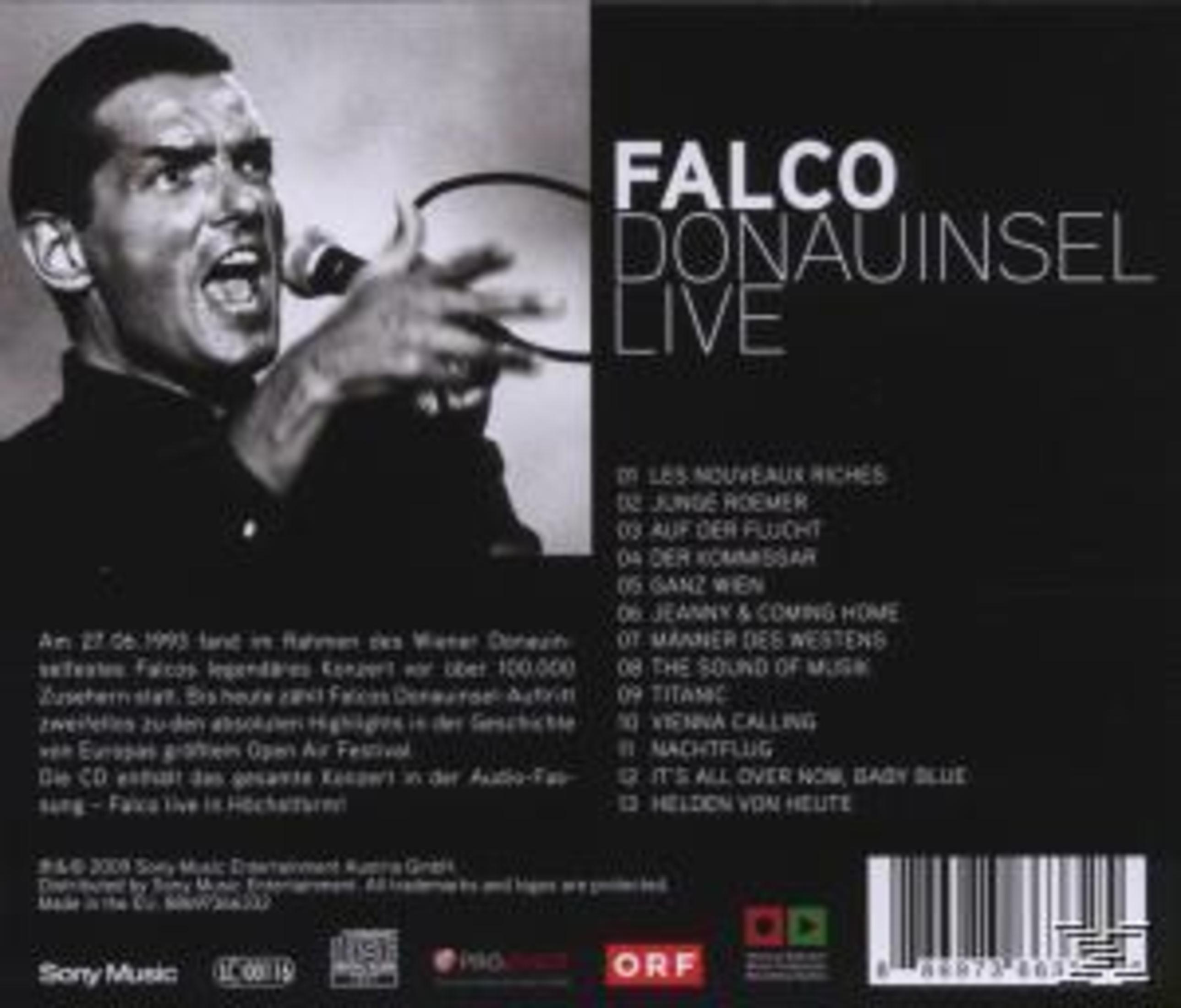 Rückseite des Falco Donauinsel Live CD-Covers mit Tracklist, Foto des Sängers und Text.
