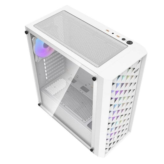 Ein weißes PC-Gehäuse mit Glas-Seitenwand, Mesh-Oberseite und sichtbarem RGB-Lüfter.