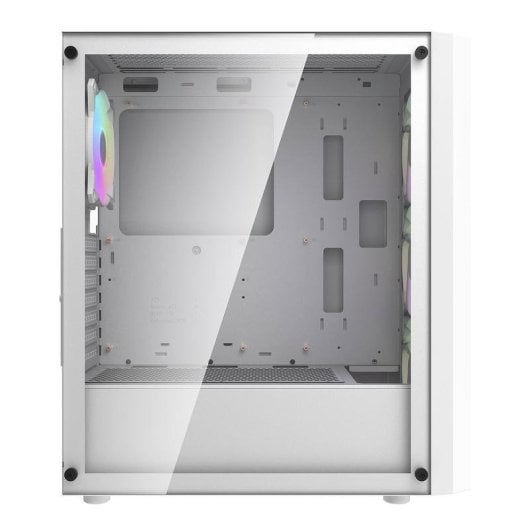 Ein weißes PC-Gehäuse mit Glasseite und einem RGB-Lüfter hinten.