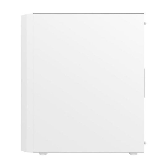 Ein schlichtes, weißes PC-Gehäuse von der Seite vor weißem Hintergrund.