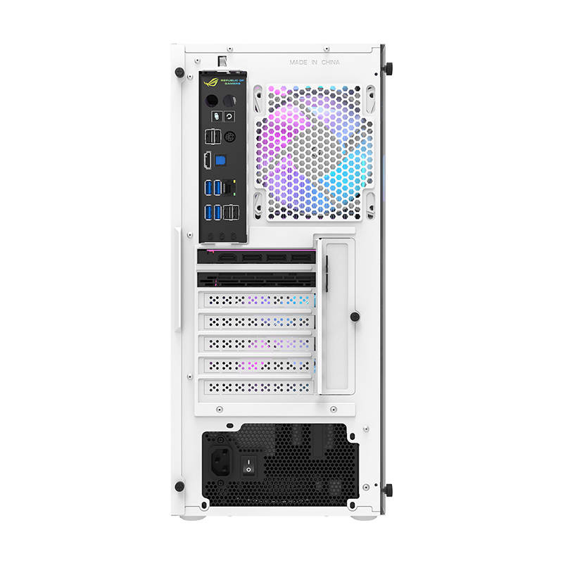Rückansicht eines weißen PC-Gehäuses mit I/O-Schnittstellen, einem bunten Lüfter und Netzteil.