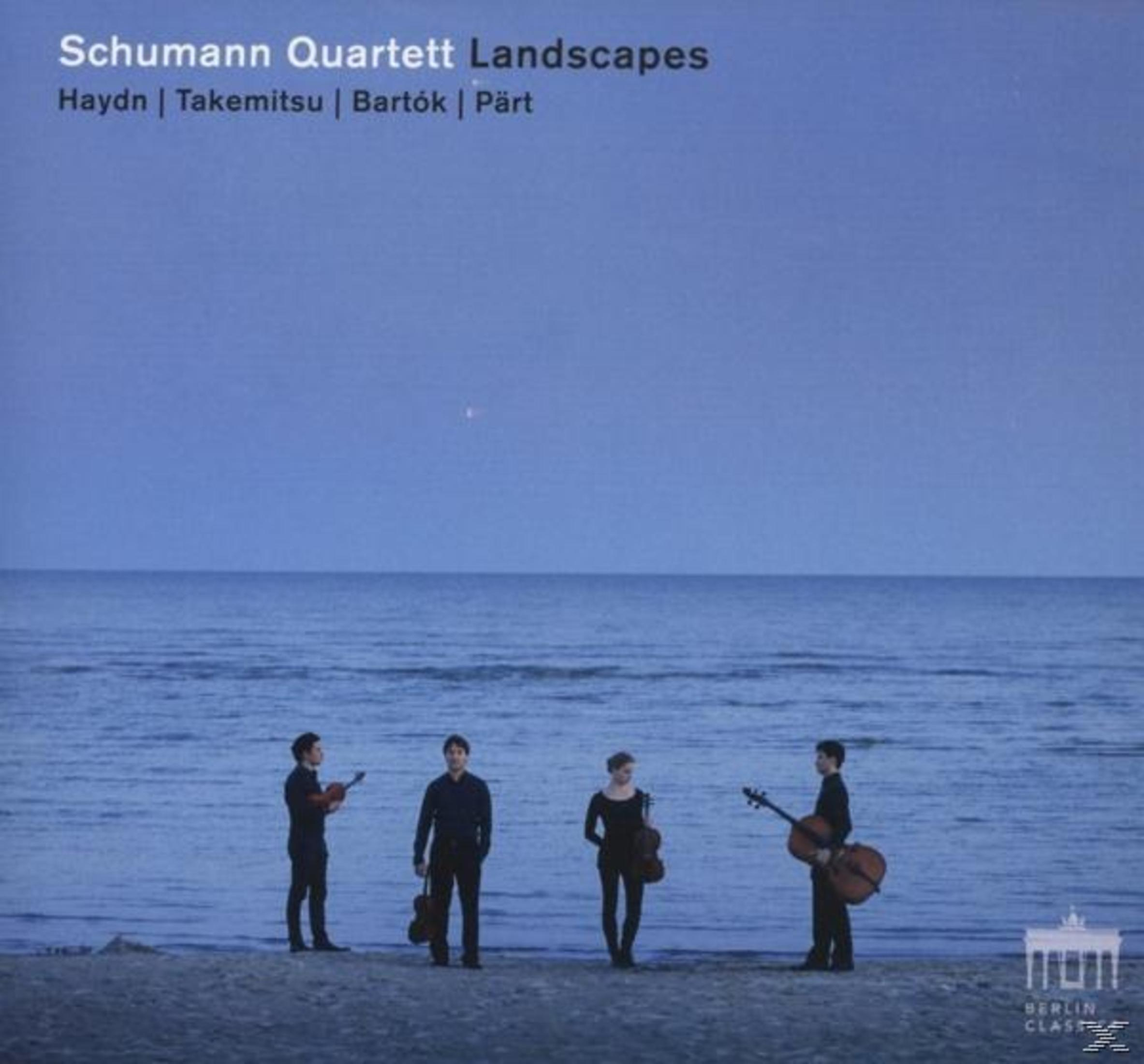 Vier Musiker stehen mit Instrumenten am Sandstrand vor dem ruhigen Meer unter blauem Abendhimmel.