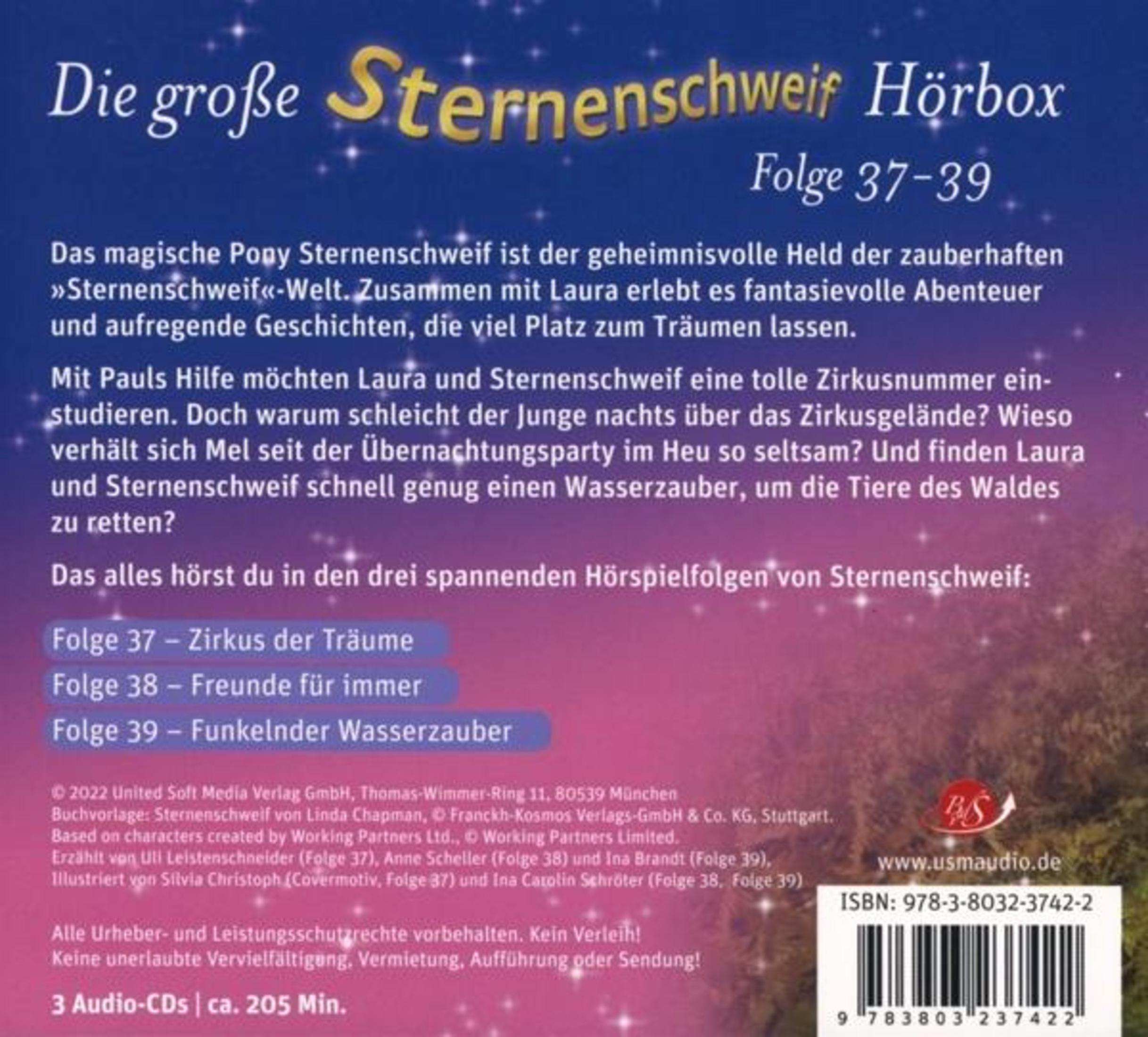 Rückseite der Hörbox von Sternenschweif, Folgen 37-39, mit Texten und Barcode auf blauem Hintergrund.