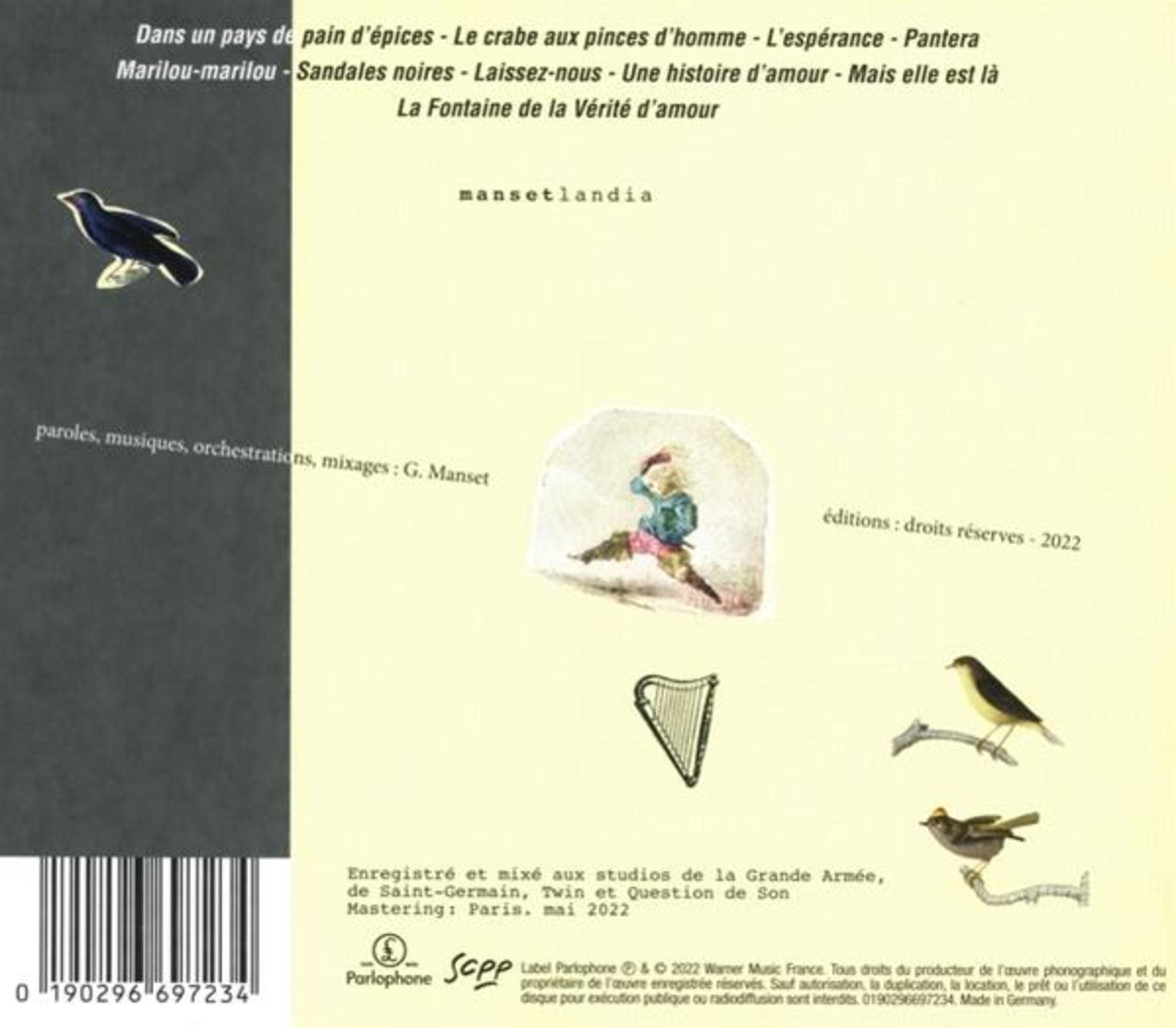 Albumrückseite mit einem Vogel, Text, einer kleinen Illustration, einer Harfe und einem Strichcode auf hellem Grund.