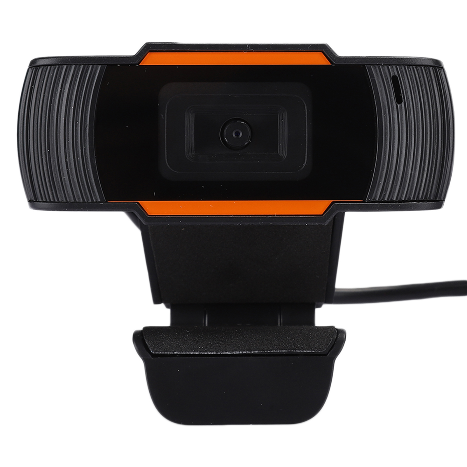 Schwarze Webcam mit orangefarbenen Akzenten und integriertem Standfuß auf weiBem Hintergrund.