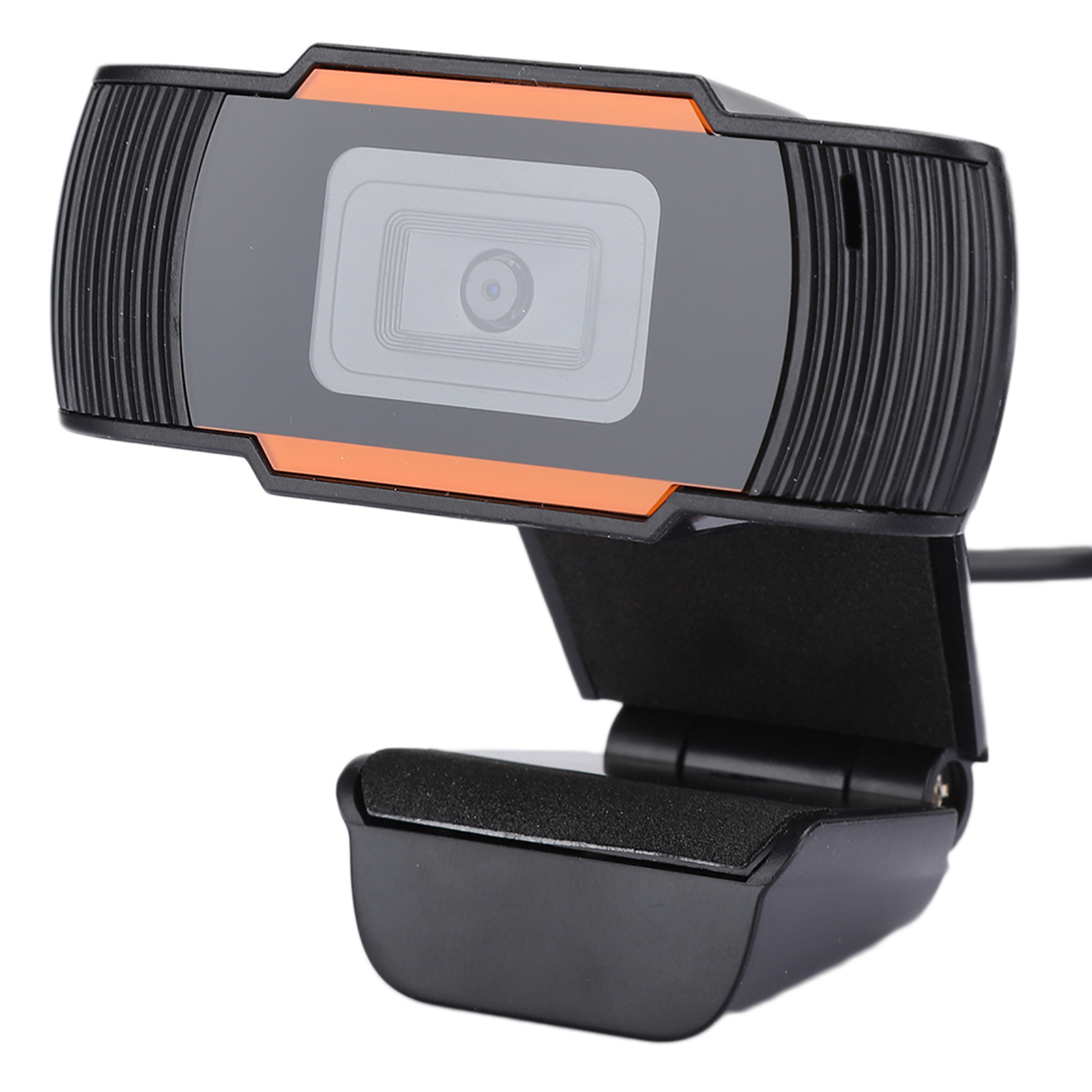 Eine schwarze Webcam mit orangefarbenen Akzenten und einem verstellbaren Standfuß auf weiBem Hintergrund.