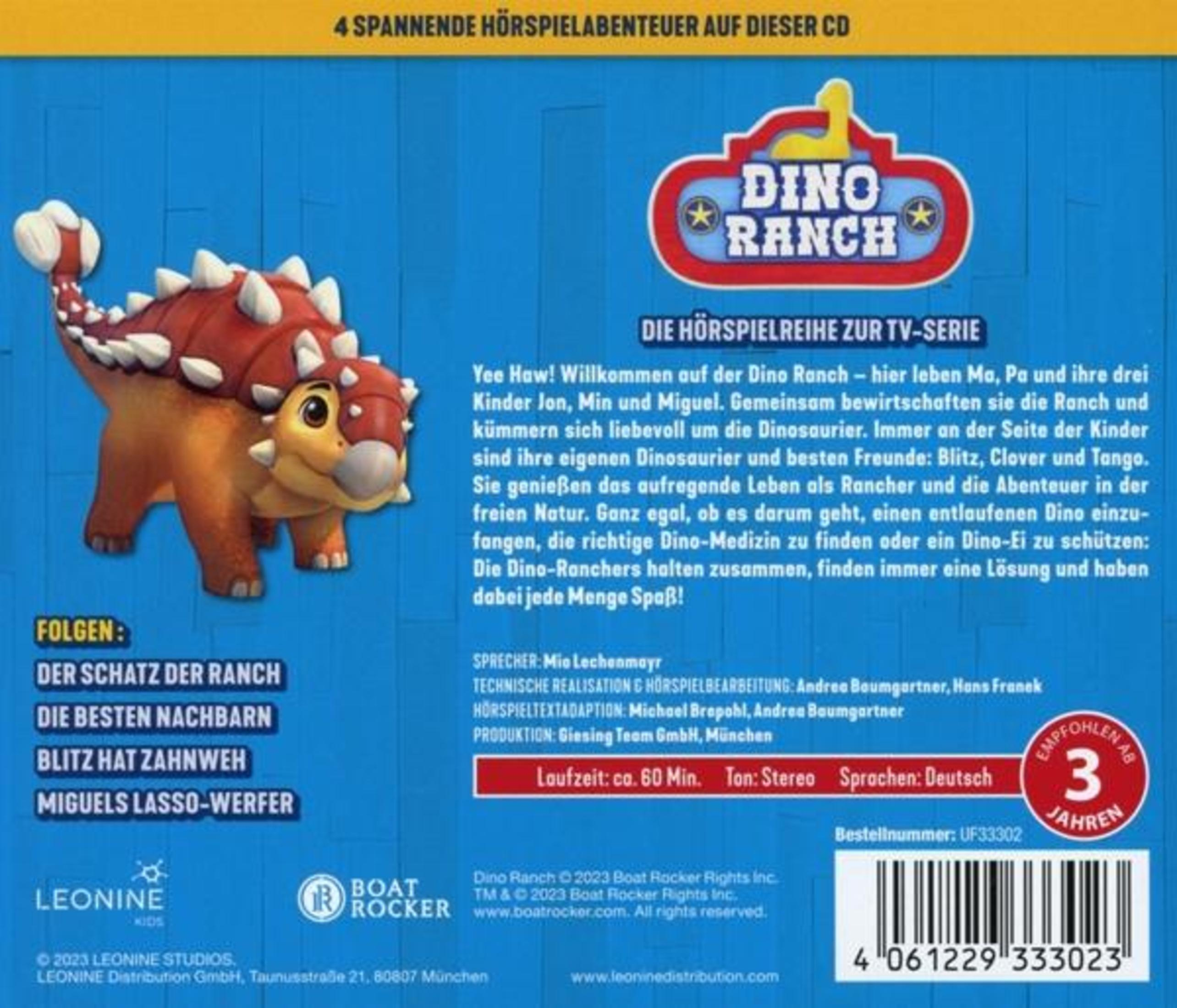 Rückseite der Dino Ranch Hörspiel-CD mit rotem Dinosaurier-Spielzeug, Text und blauem Holzhintergrund.