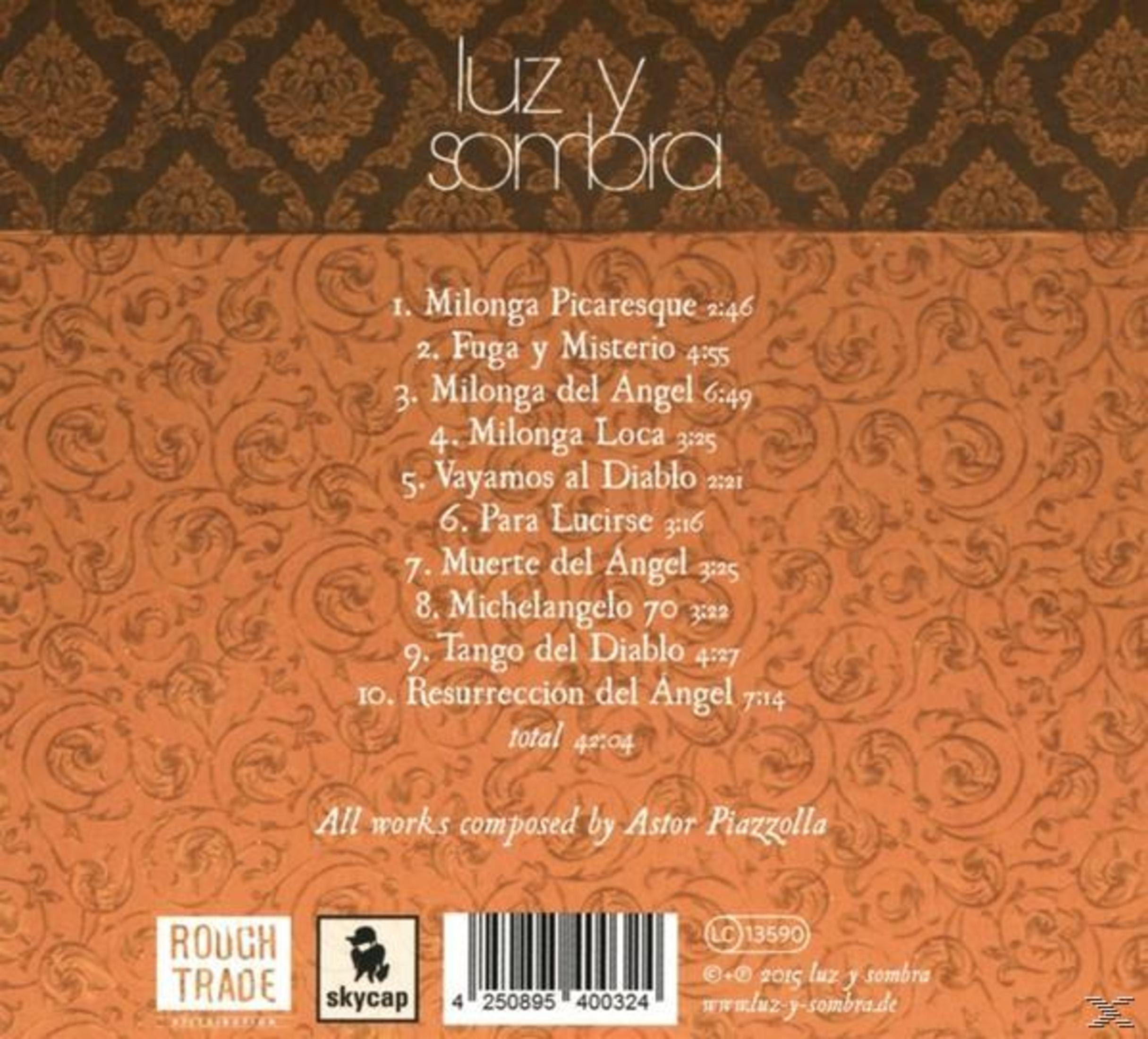 Rückseite des Albums 'Luz y Sombra' mit Titelliste, Barcode und verziertem braunen Vintage-Tapetendesign.