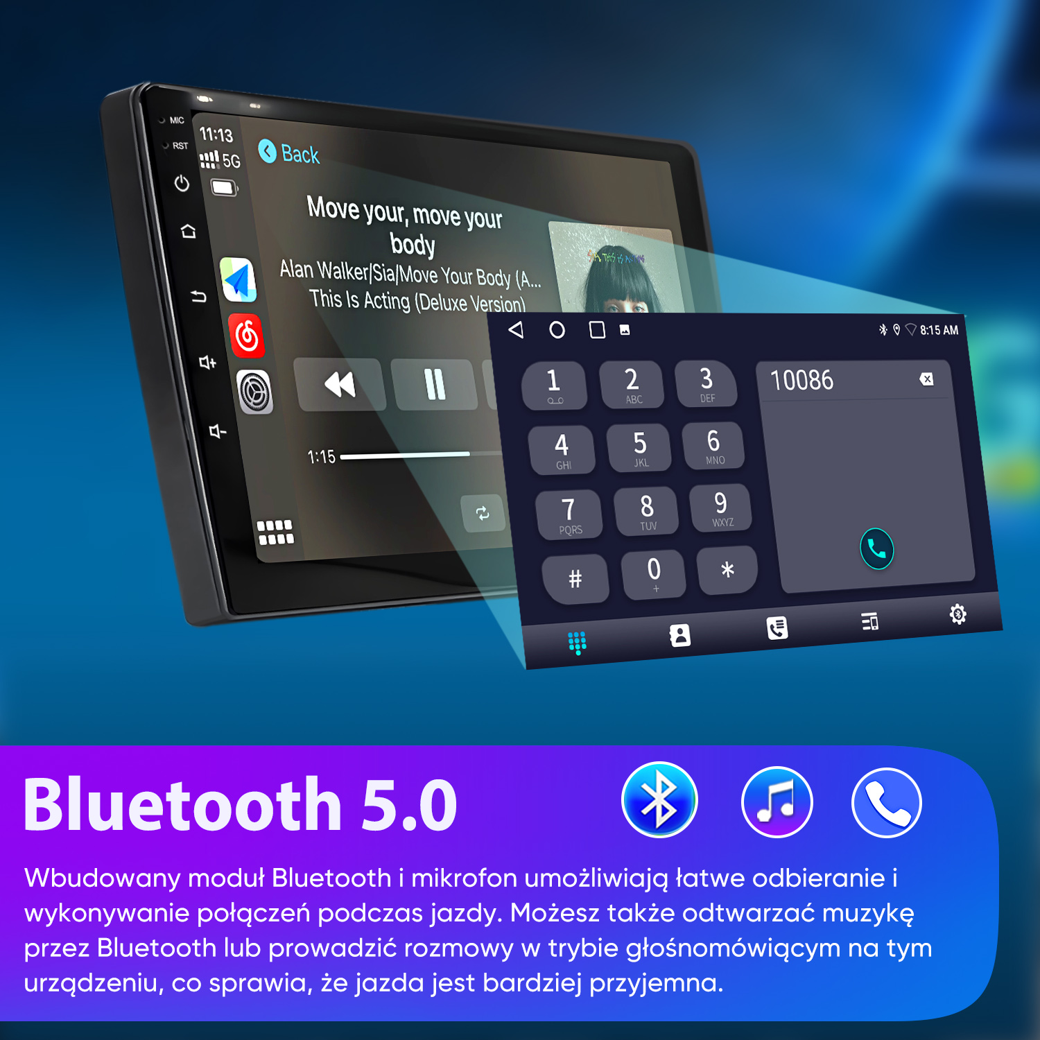 Radio samochodowe z Bluetooth 5.0, odtwarzaczem muzyki i klawiaturą numeryczną na niebieskim tle.