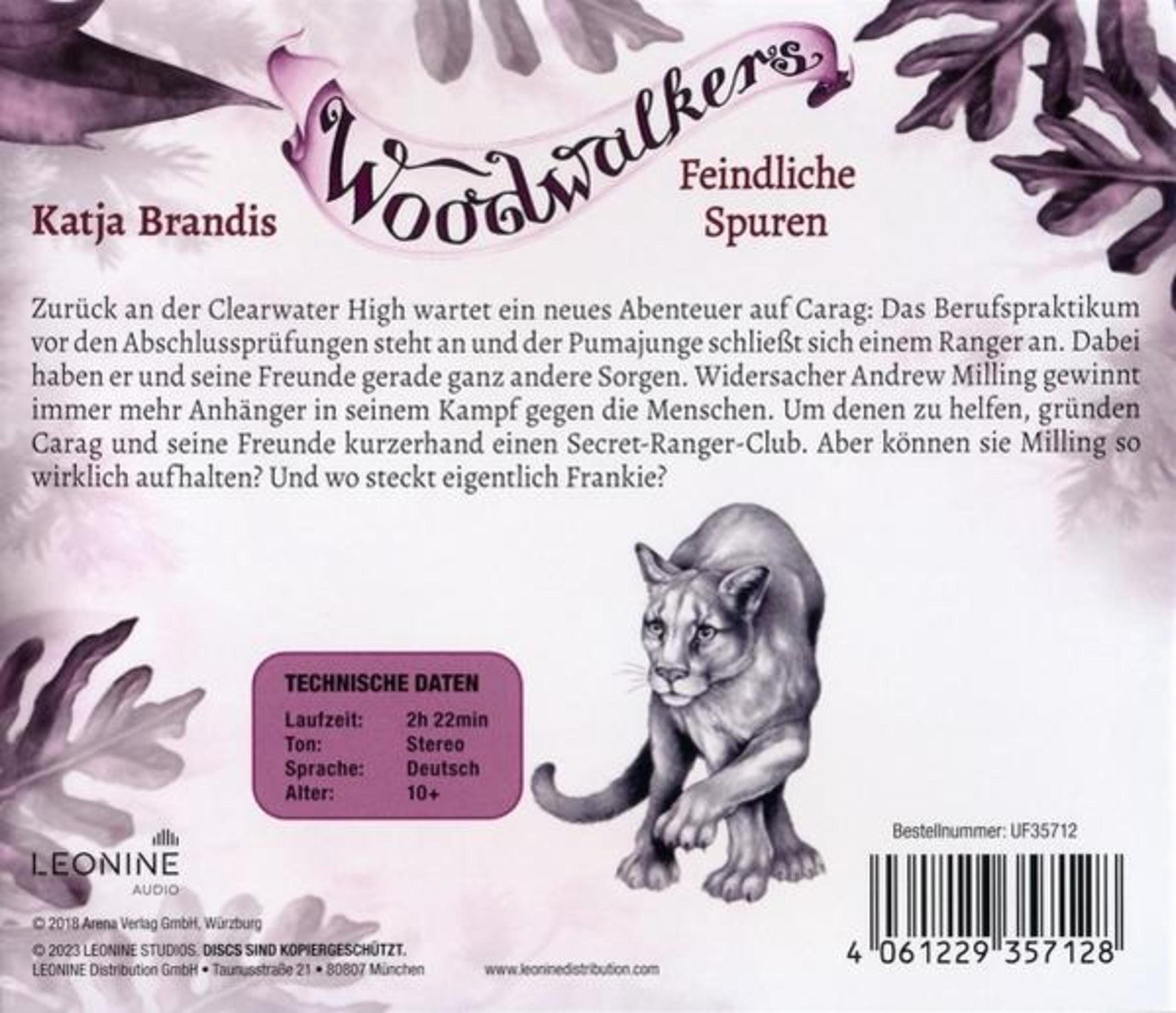 Rückseite des Hörbuchs Woodwalkers mit Beschreibungstext, Puma-Illustration und technischen Daten in Violett.