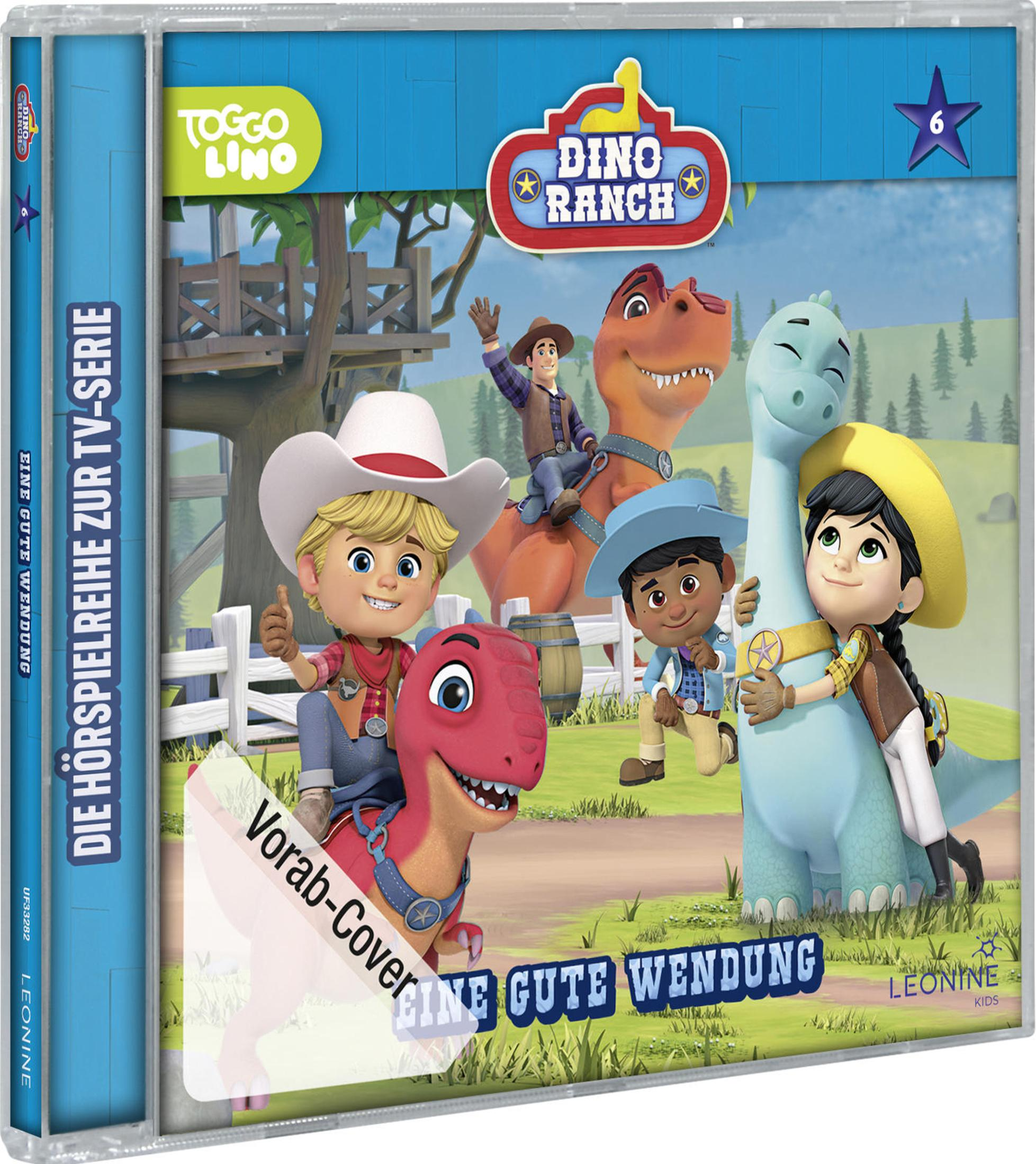 Dino Ranch Hörspielcover mit Kindern und Dinosauriern in einer ländlichen Landschaft.