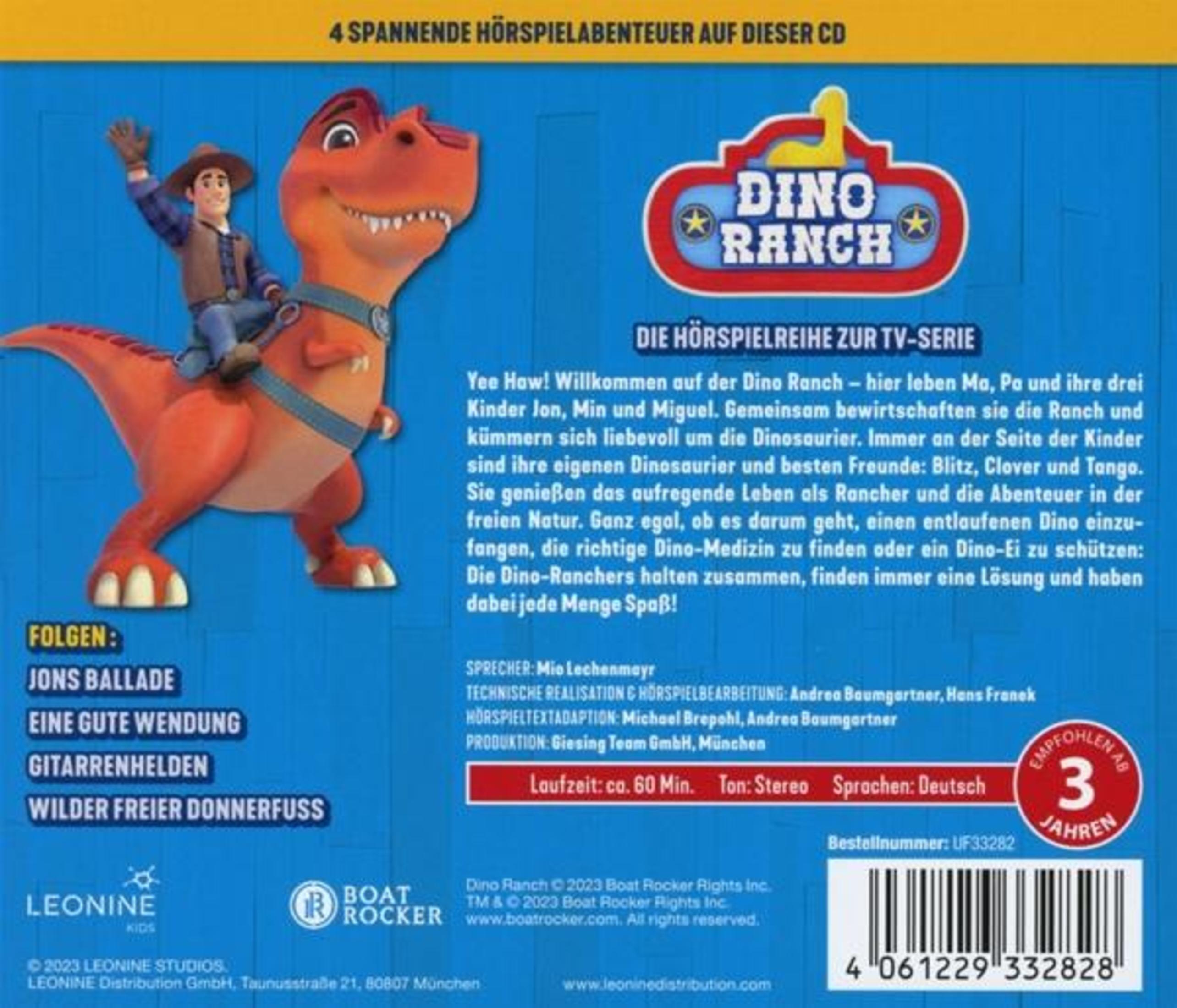 CD-Rückseite von Dino Ranch mit Cowboy auf rotem Dinosaurier, Text und Logo vor blauem Hintergrund.