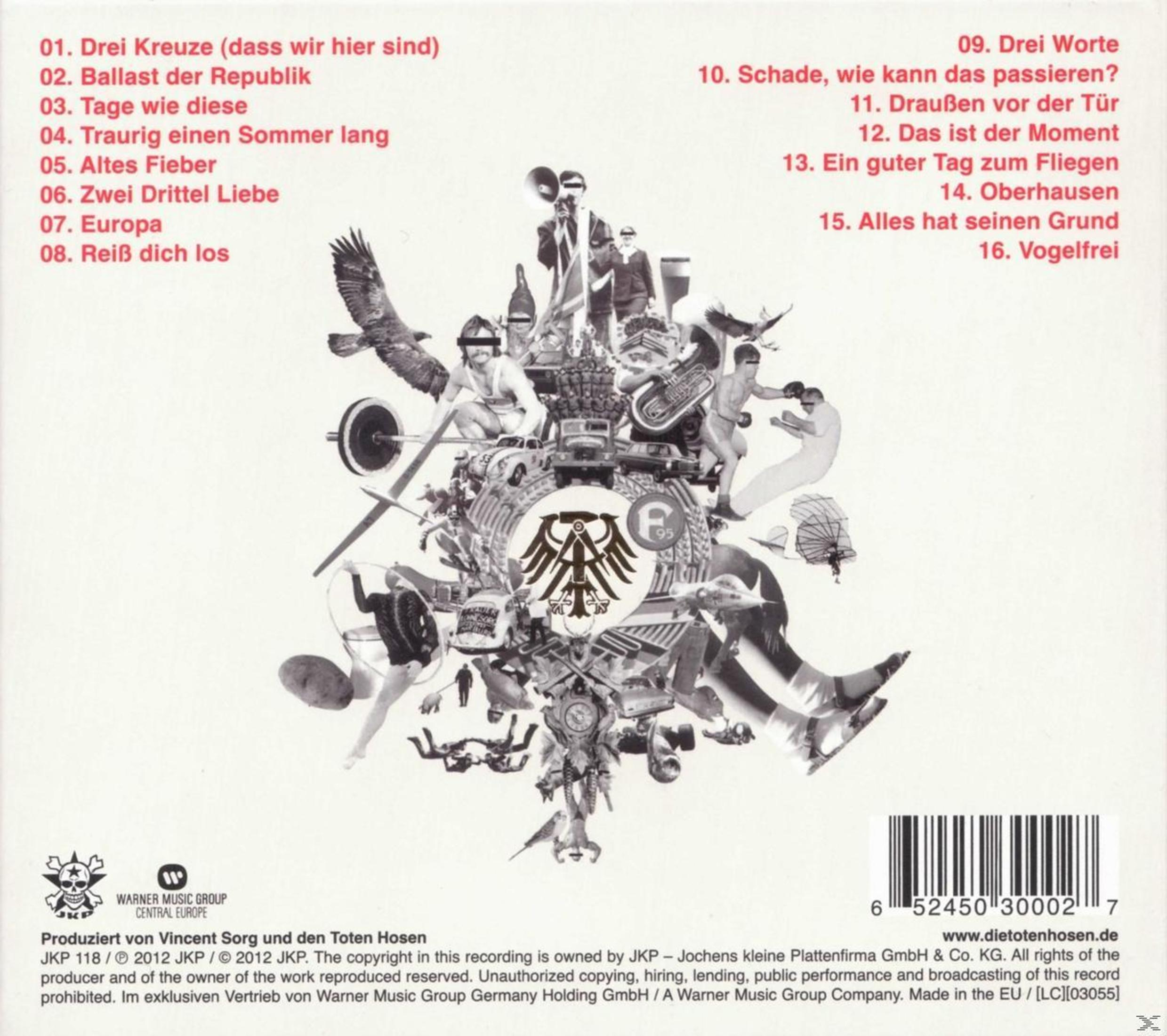 Album-Rückseite mit roter Tracklist, einer surrealen Collage in der Mitte und dem Barcode unten rechts.