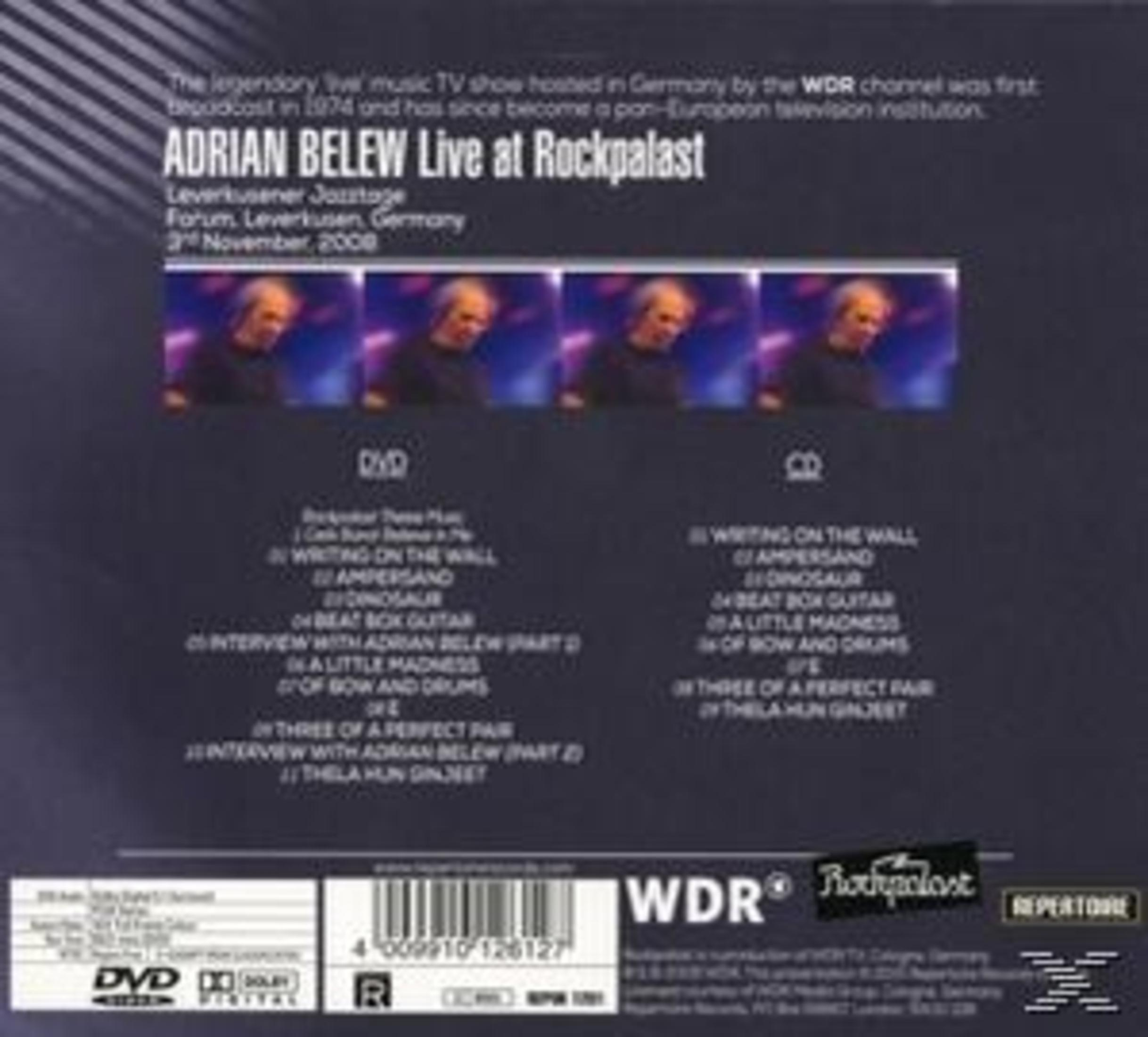 Rückseite einer DVD-Hülle von Adrian Belew Live at Rockpalast mit Tracklist, Fotos und Barcode.