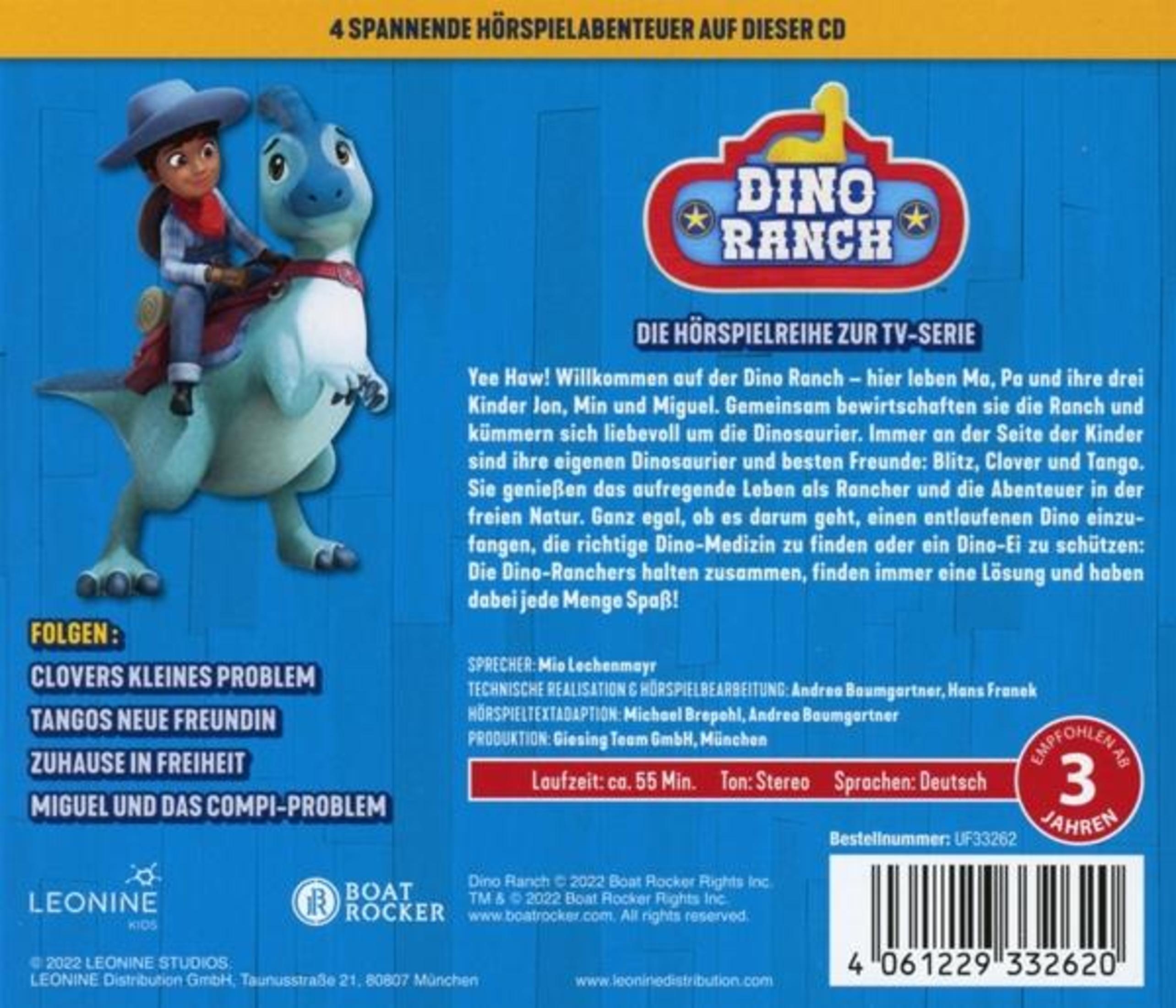 Rückseite einer Dino Ranch Hörspiel-CD mit Charakteren, Beschreibung, Folgenliste und blauer Hintergrundfarbe.