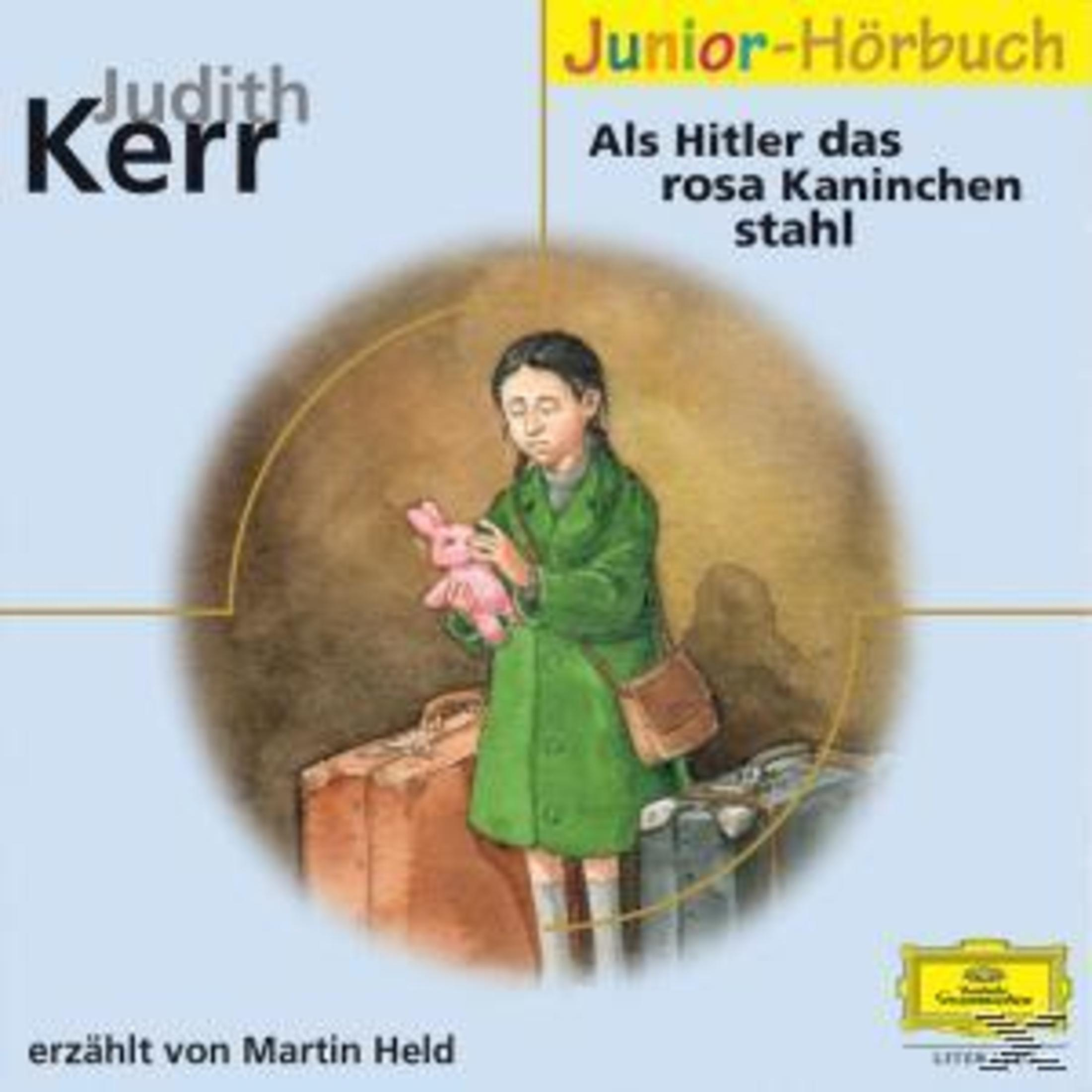 Ein junges Mädchen in grünem Mantel hält ein rosa Kaninchen auf einem Hörbuchcover.