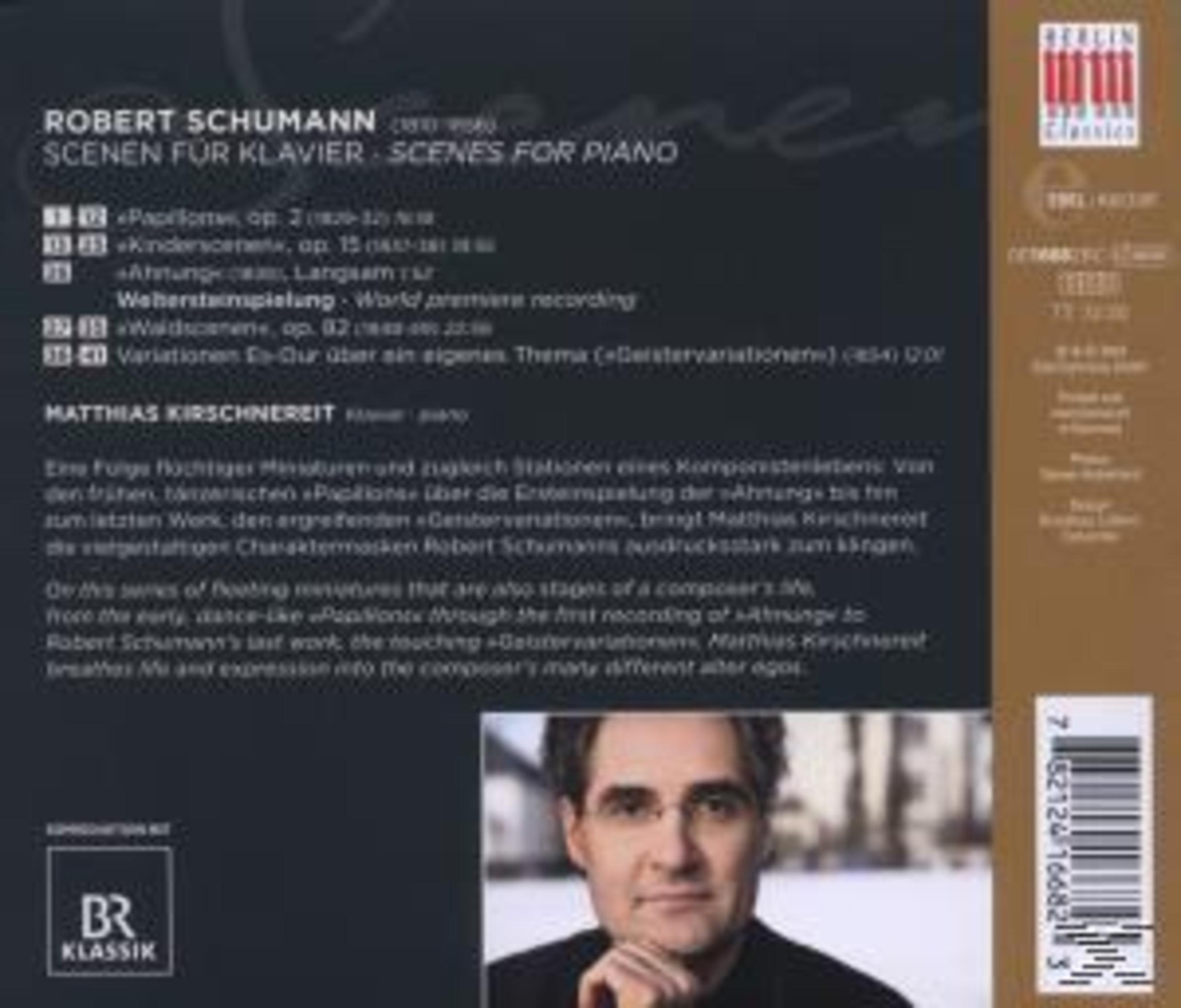 CD-Rückseite mit Robert Schumann Klavier-Tracklist und einem Porträt des Pianisten Matthias Kirschnereit.
