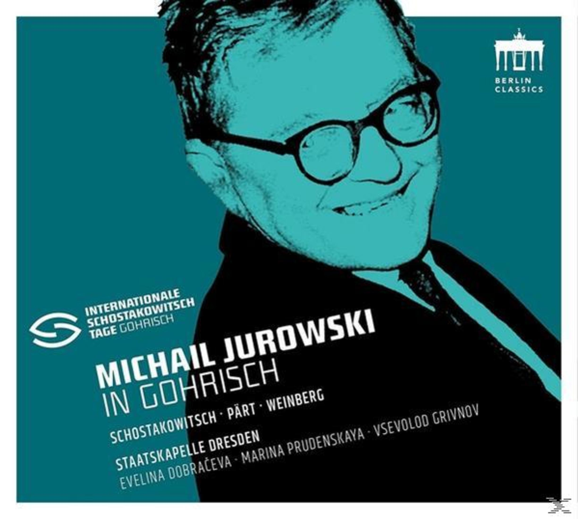 Albumcover mit einem Porträt von Michail Jurowski, Brille tragend, auf blauem Hintergrund mit weißer Schrift.