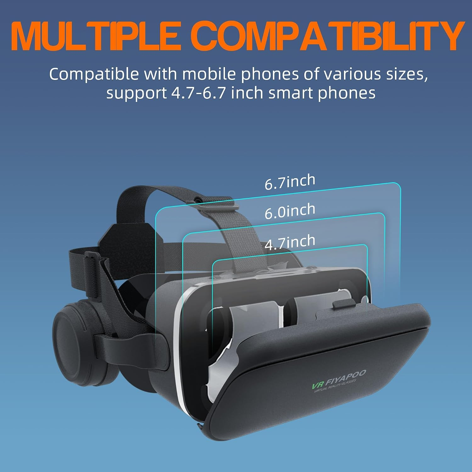 VR-Headset zeigt Handy-Größenkompatibilität von 4,7 bis 6,7 Zoll vor blauem Hintergrund.