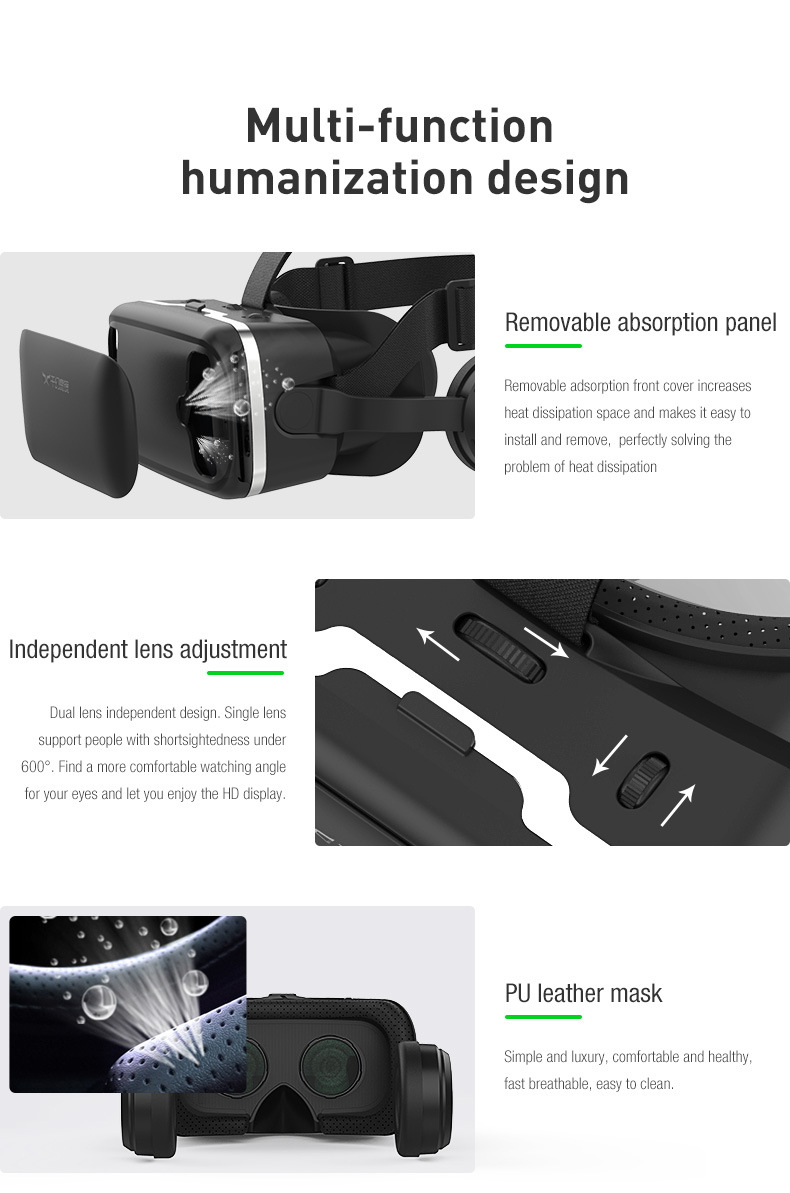 VR-Headset mit abnehmbarem Frontpanel, Linseneinstellung und PU-Leder-Gesichtsmaske.