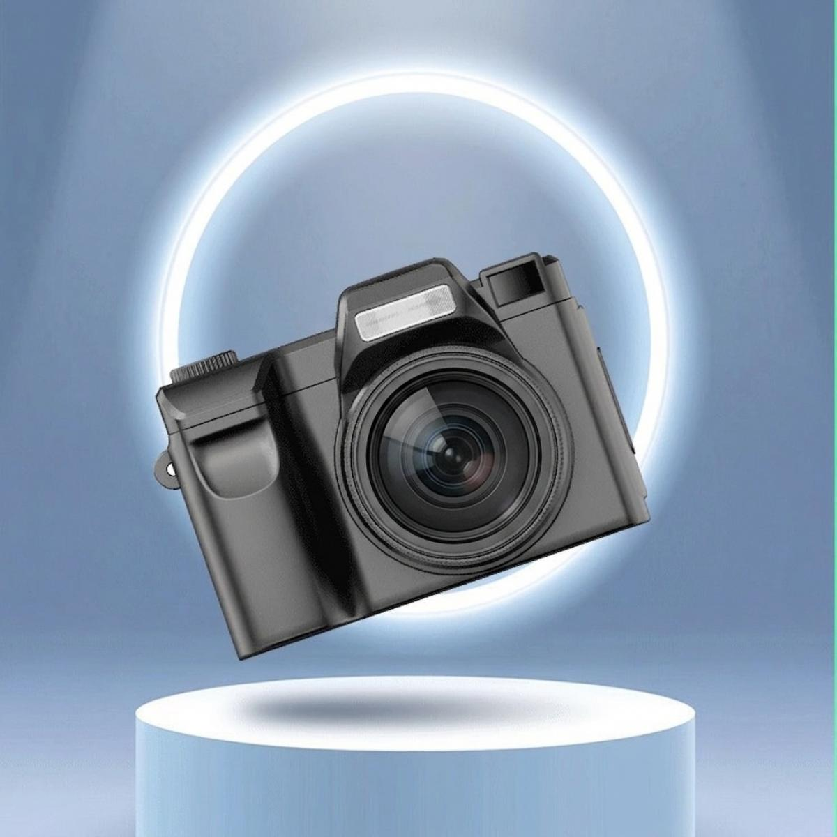 Eine schwarze Kamera schwebt über einem hellblauen Podest vor weichem blauen Hintergrund mit leuchtendem Ring.