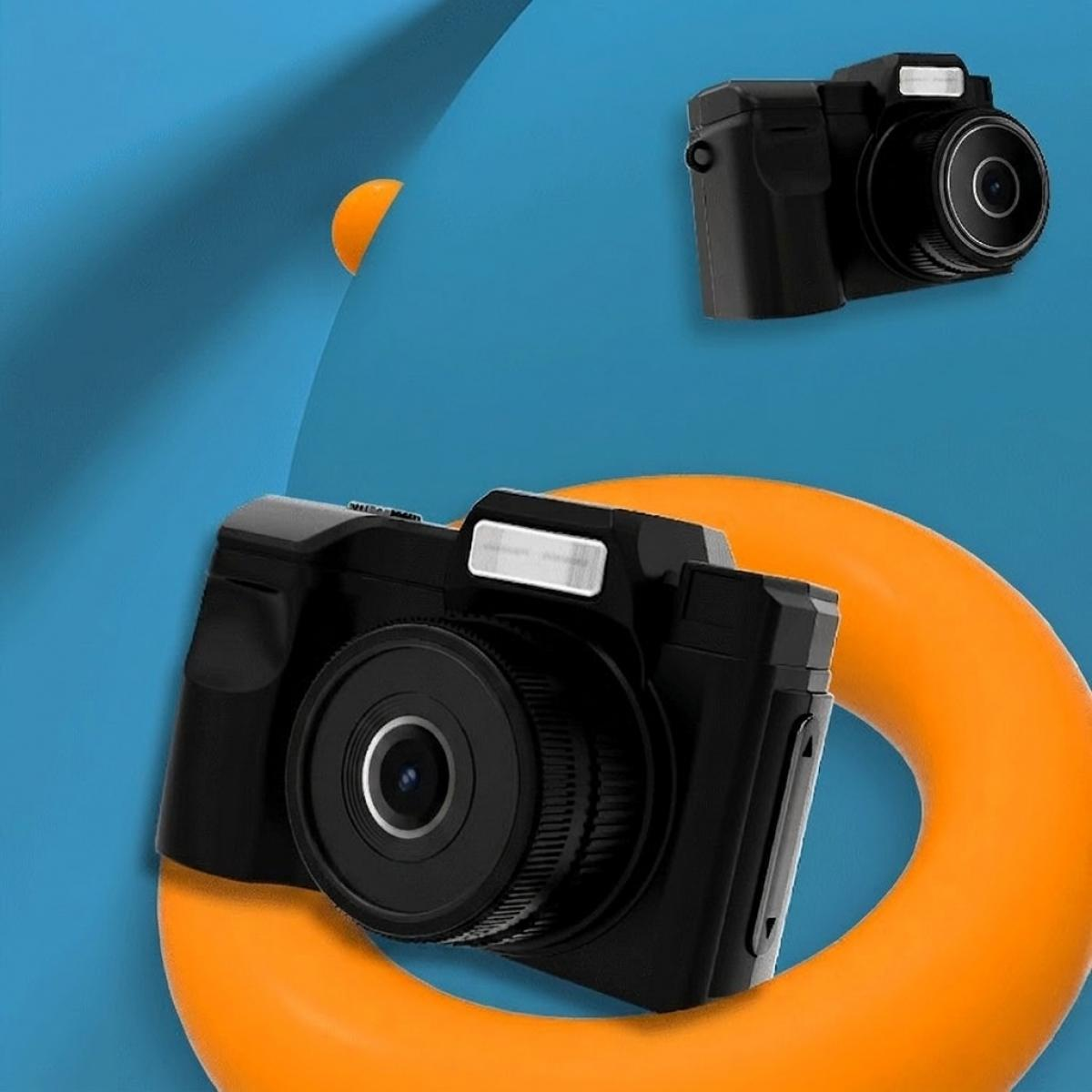 Zwei schwarze Kameras liegen auf einem orangefarbenen Ring vor blauem Hintergrund.