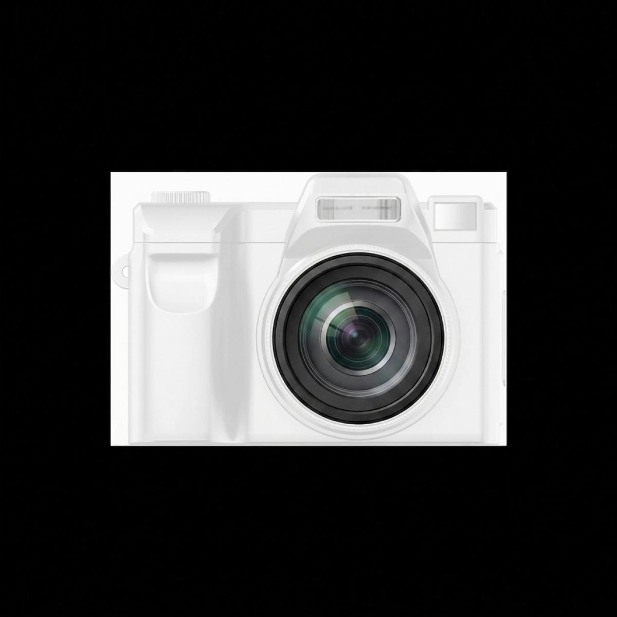 Eine weiße Digitalkamera mit großem Objektiv auf schwarzem Hintergrund.