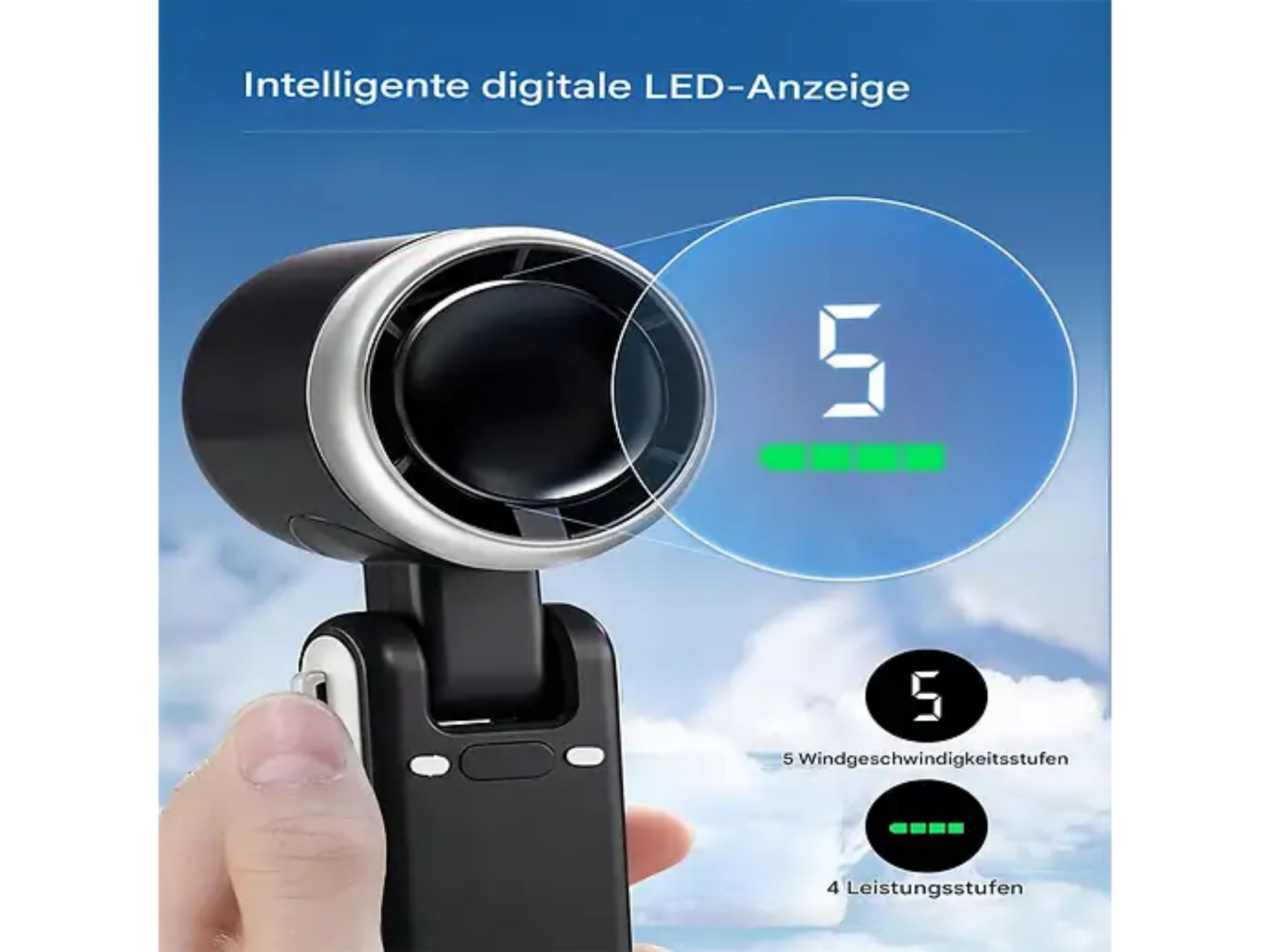 Handgehaltener schwarzer Ventilator mit digitaler LED-Anzeige, die die Windgeschwindigkeit und Leistung anzeigt.