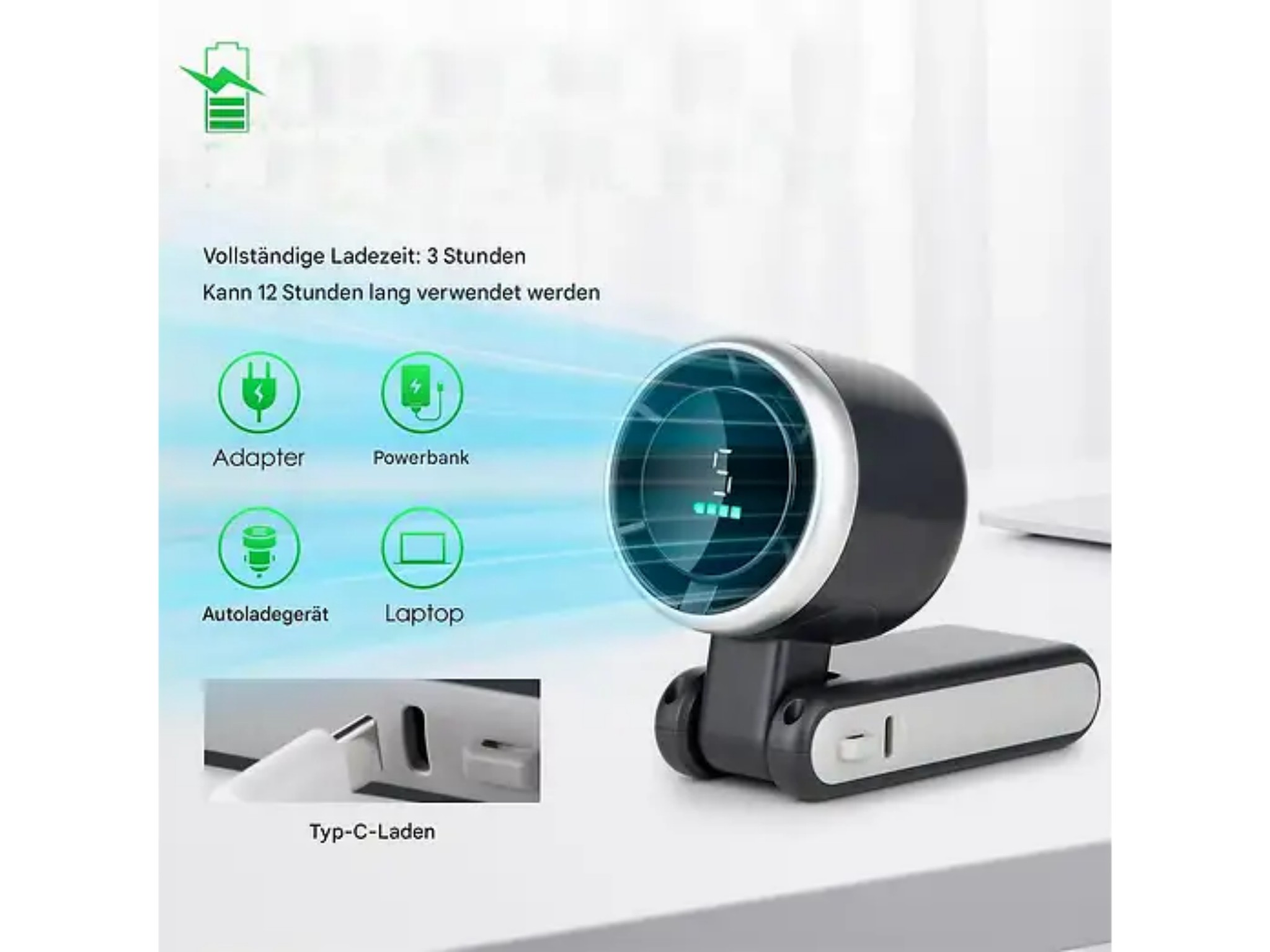 Ein schwarz-silberner Ventilator mit Display, Ladesymbolen und USB-C-Kabel.