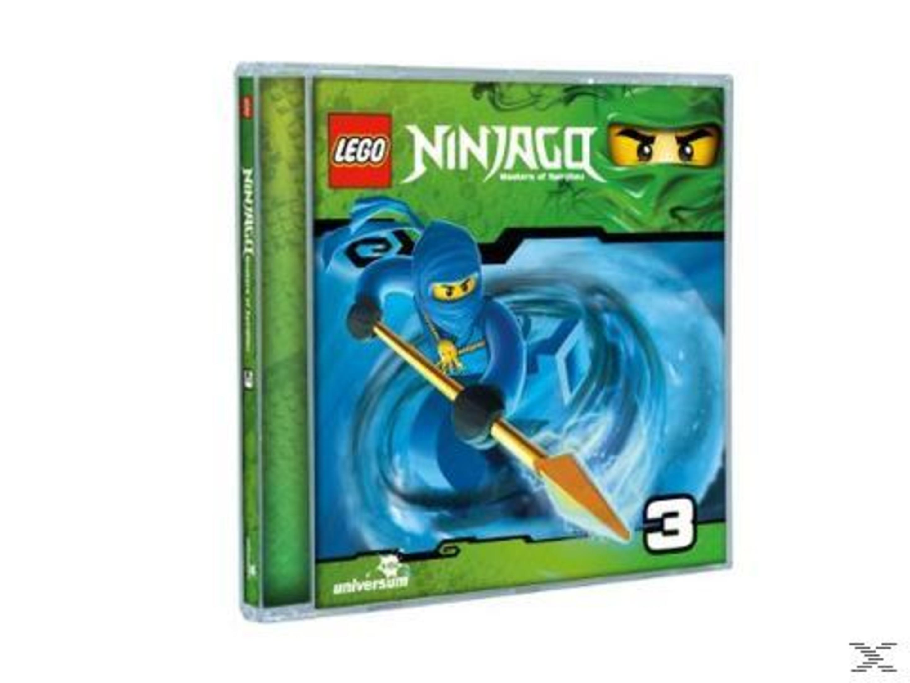 Lego Ninjago 3 Spielhülle mit einem blauen Ninja, der einen Stab in einem Wirbel hält.