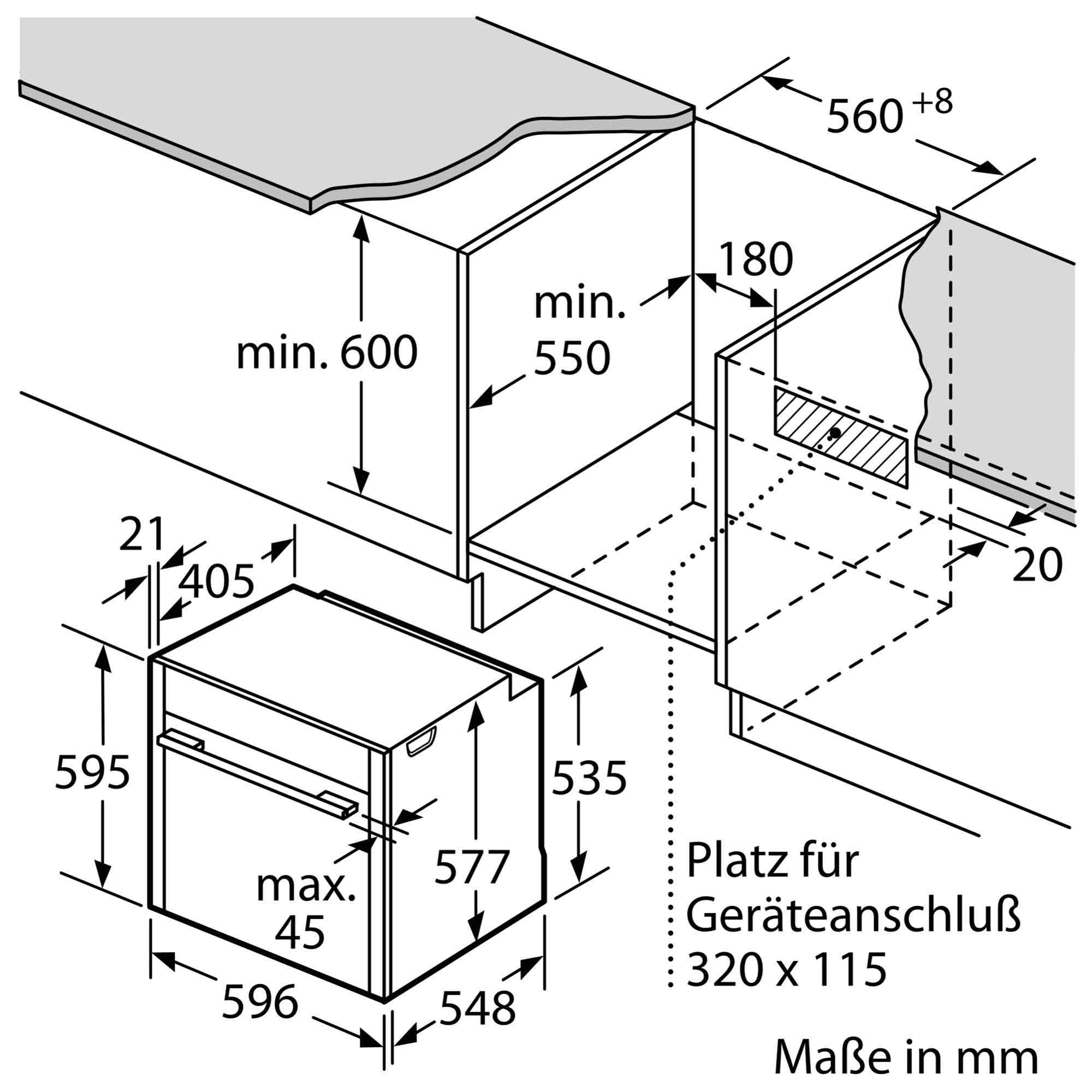 Technische Zeichnung mit Einbaumaßen für einen Backofen in Millimetern.