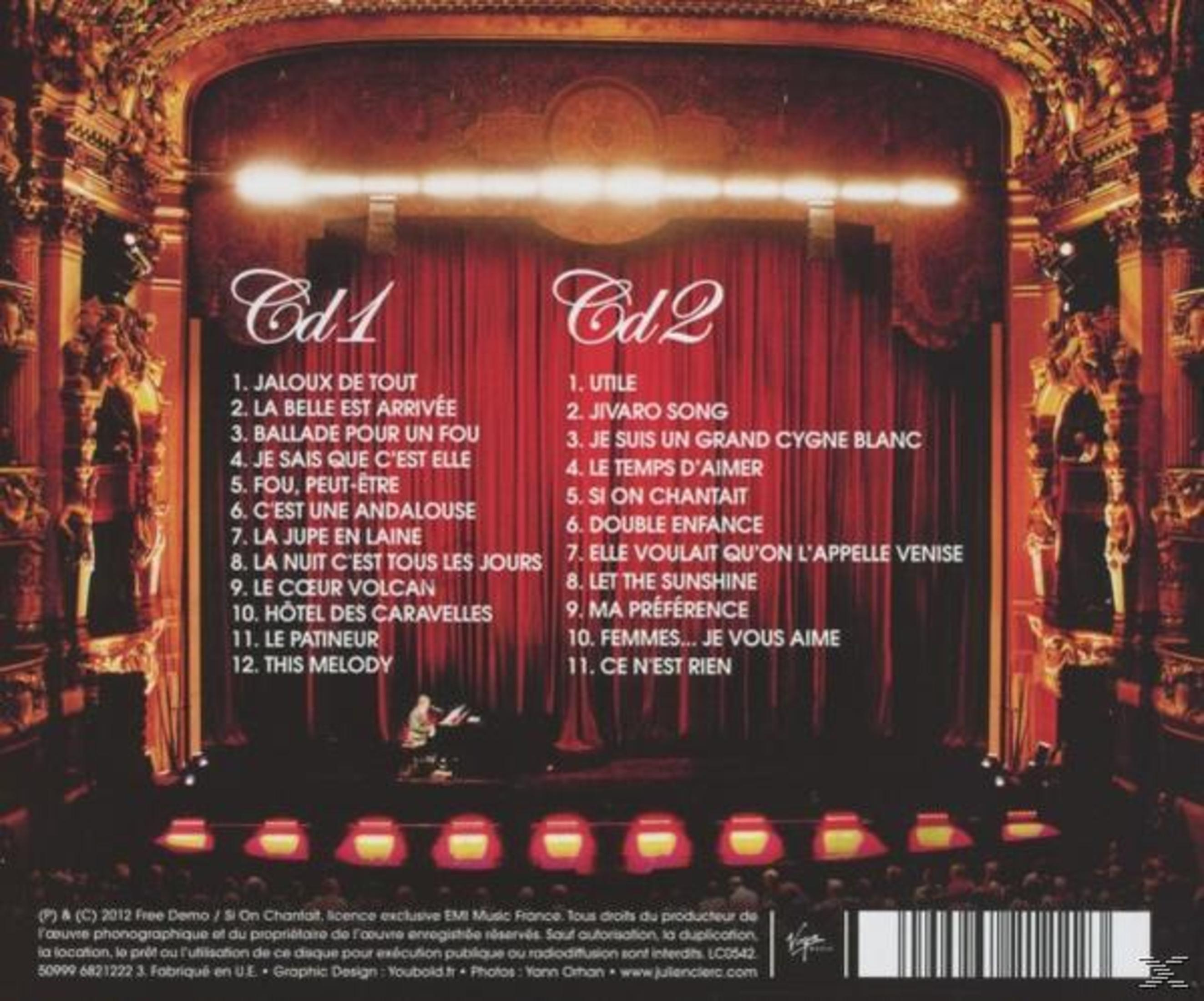 Rückseite einer CD mit zwei Spalten von Liedtiteln vor einem roten Theaterbühnenhintergrund.