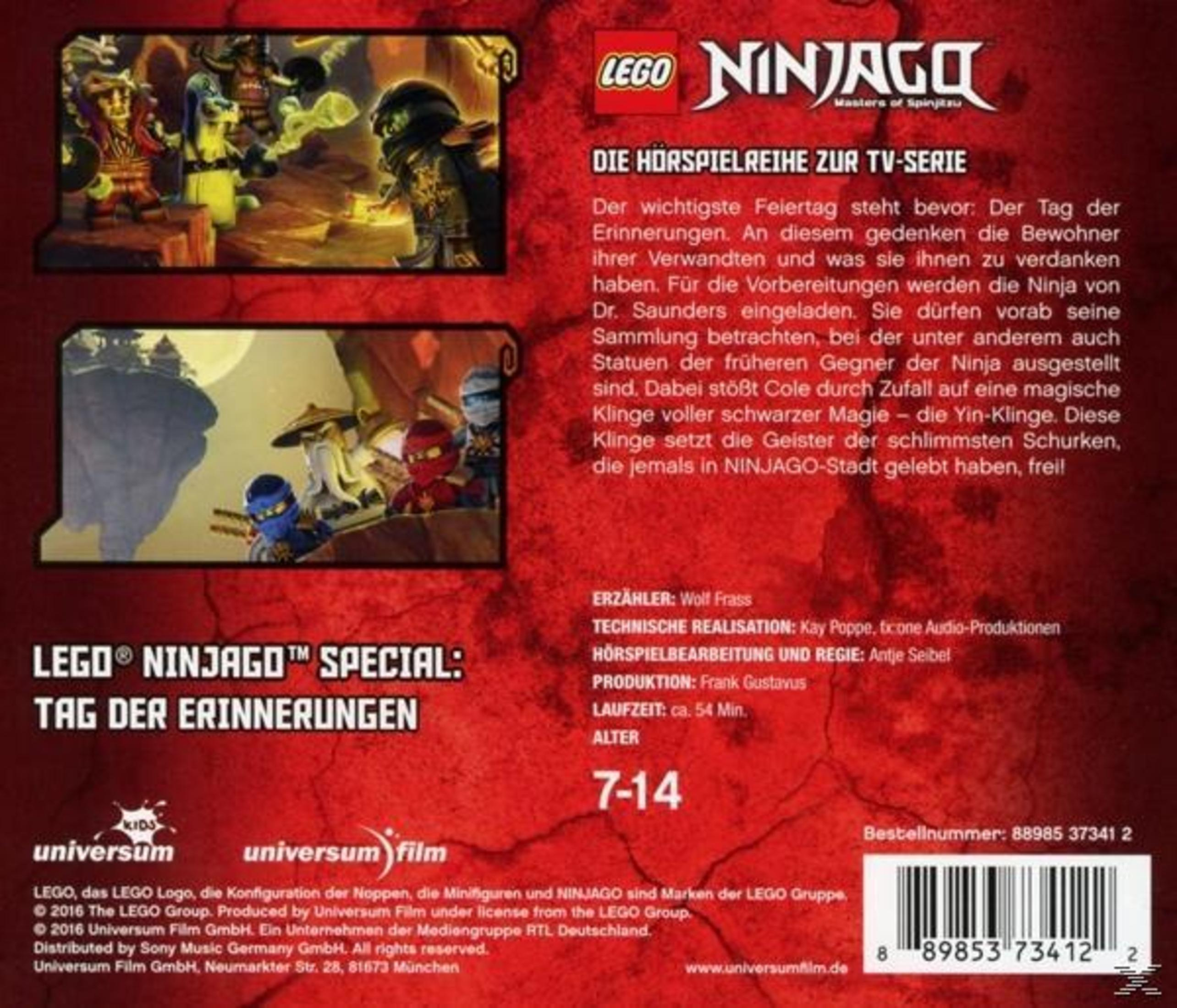 Rückseite einer Lego Ninjago Hörspiel-CD mit rotem Hintergrund, Charakteren, deutscher Beschreibung und Barcode.