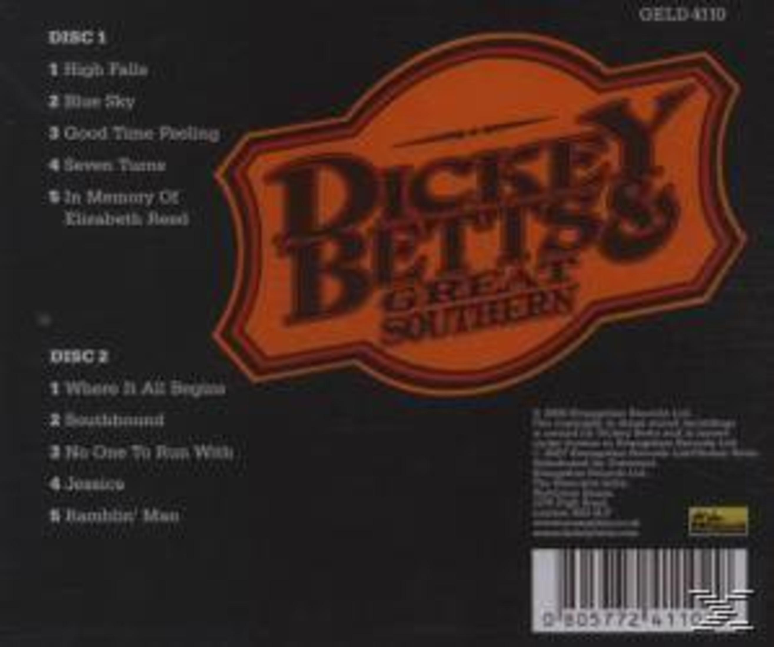 Rückseite des CD-Covers von Dickey Betts & Great Southern mit Trackliste und Barcode auf schwarzem Hintergrund.