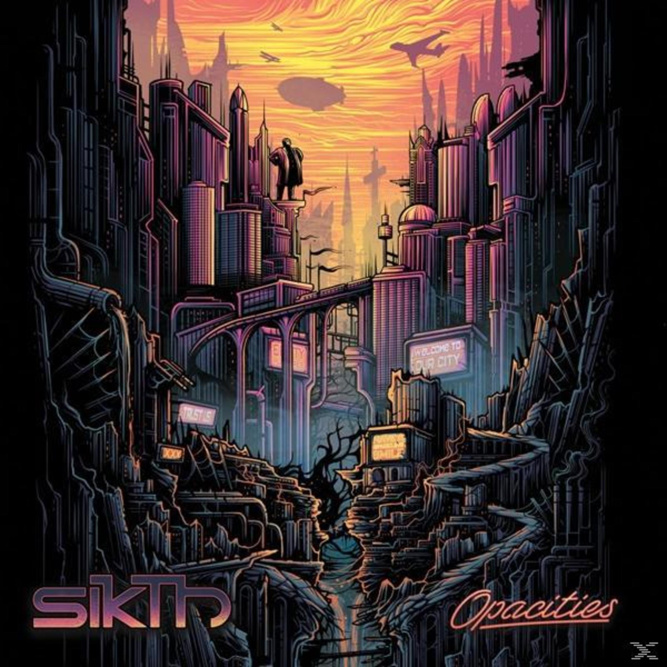Eine dystopische Stadt bei Sonnenuntergang mit fliegenden Objekten und Neonlichtern. Der Text lautet Sikth Opacities.