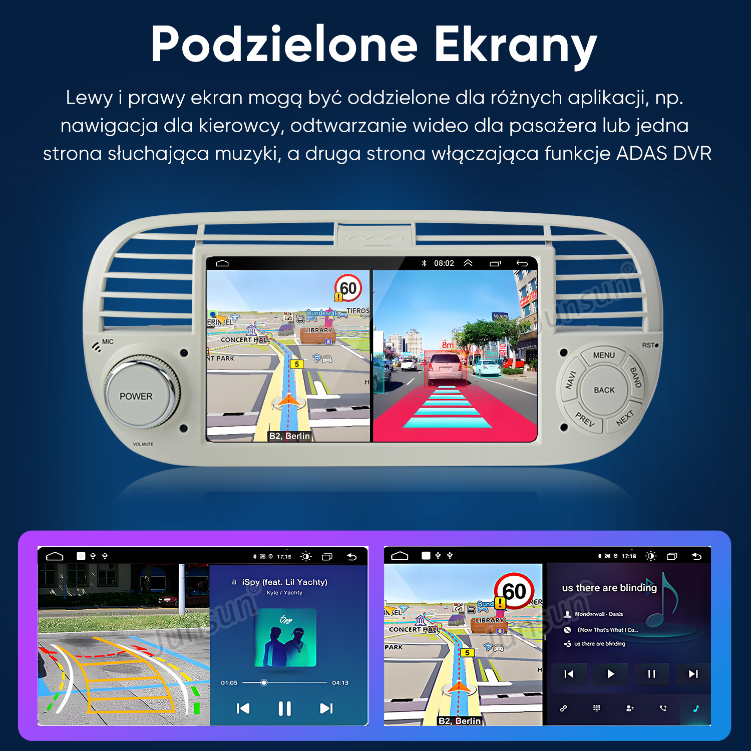 Samochodowy system audio wyświetla podzielony ekran z nawigacją i funkcjami ADAS DVR.
