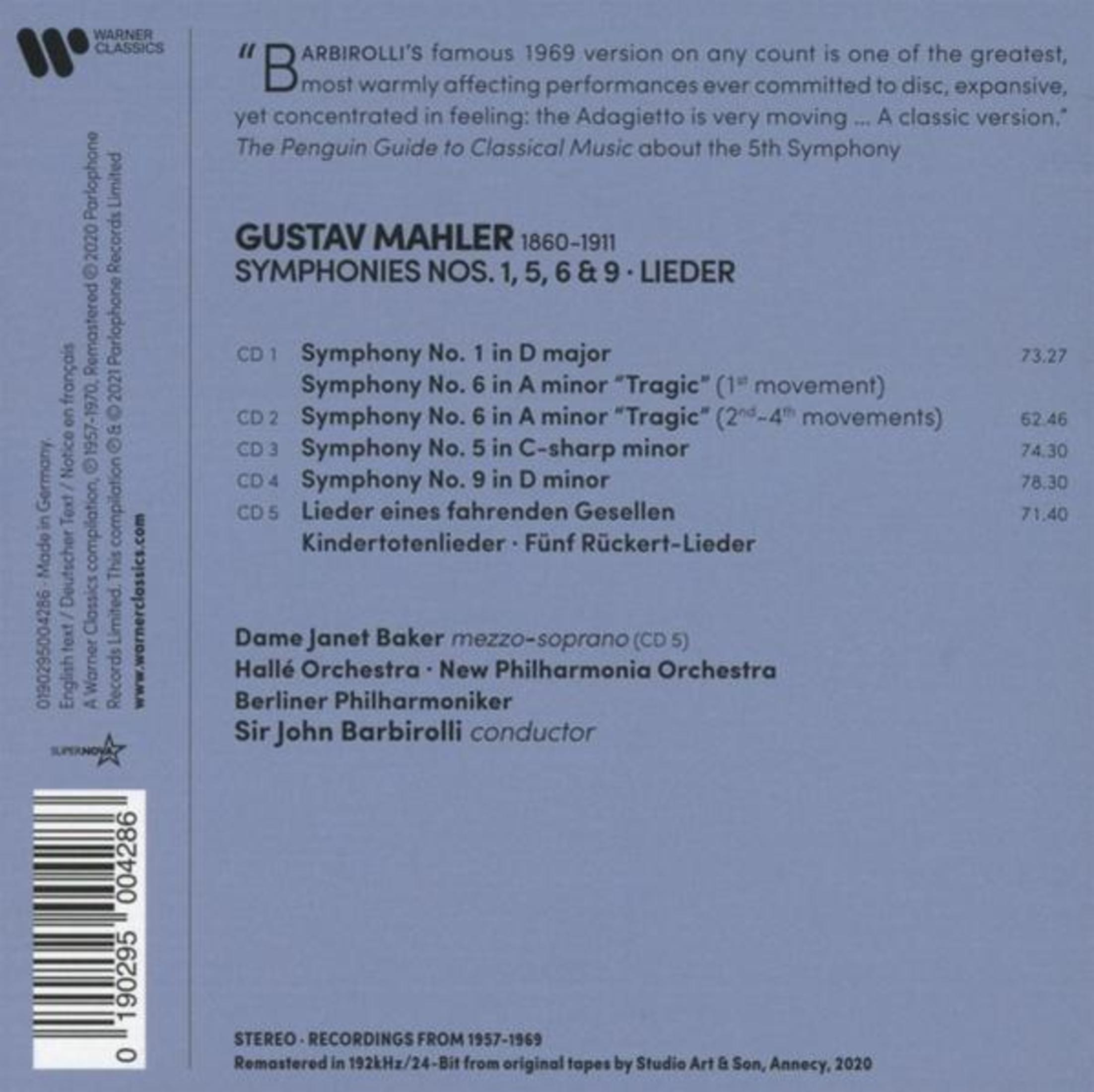 Rückseite einer Gustav Mahler CD-Hülle mit Tracklist und Details zum Dirigenten John Barbirolli.