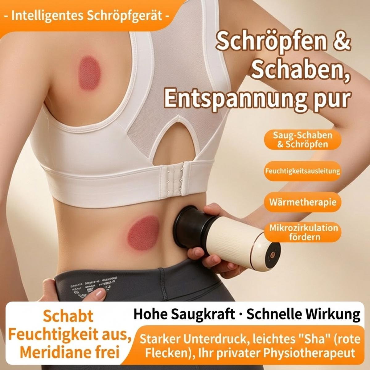 Eine Person benutzt ein elektrisches Schröpfgerät am Rücken, das rote Flecken und Text auf einem Werbebanner zeigt.