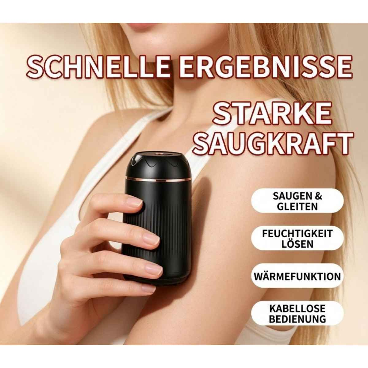 Eine Frau hält ein schwarzes, zylindrisches Massagegerät vor ihrem Arm, begleitet von deutschem Werbetext.